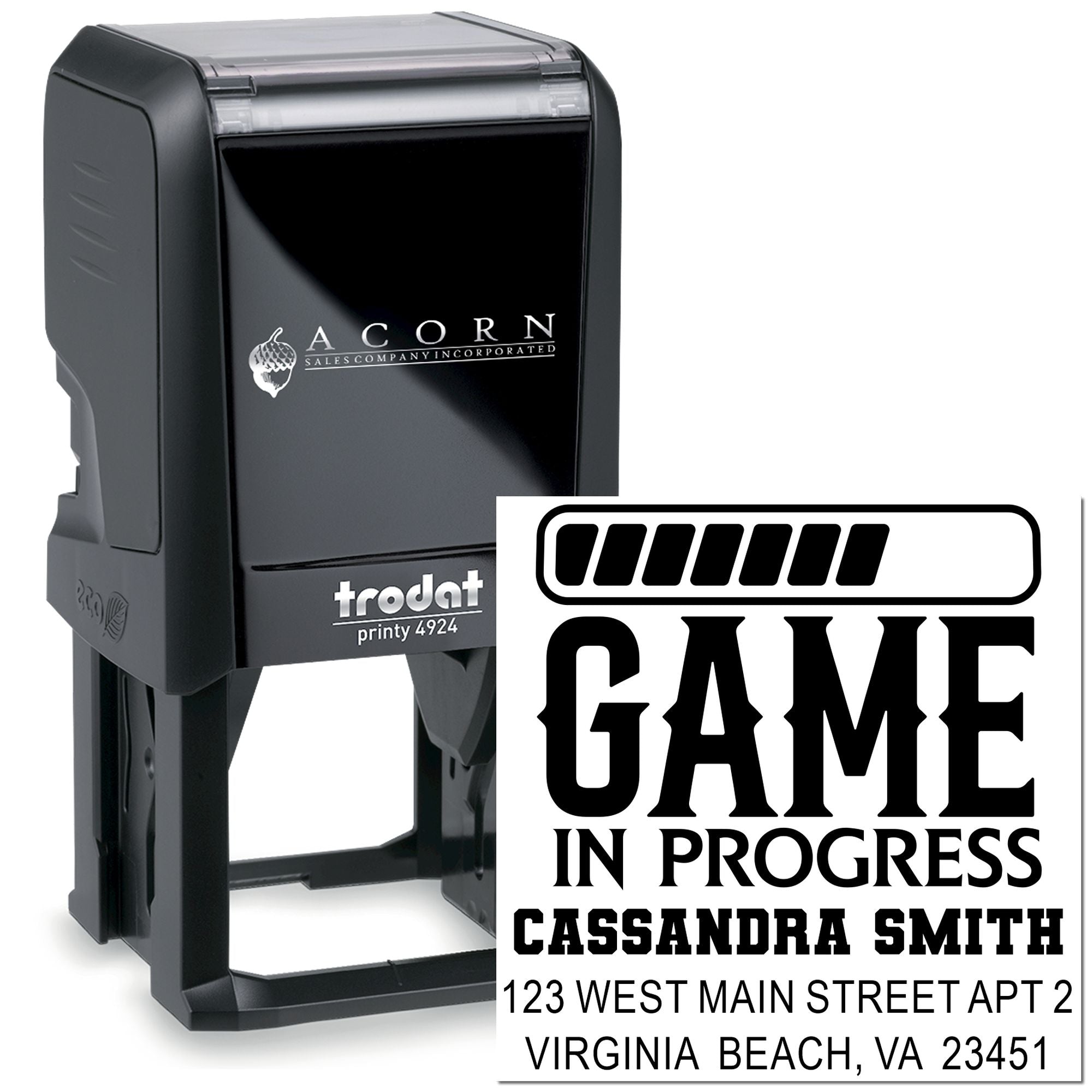 Trodat Printy self-inking rubber stamp with custom Game in Progress address imprint for business or event marking.