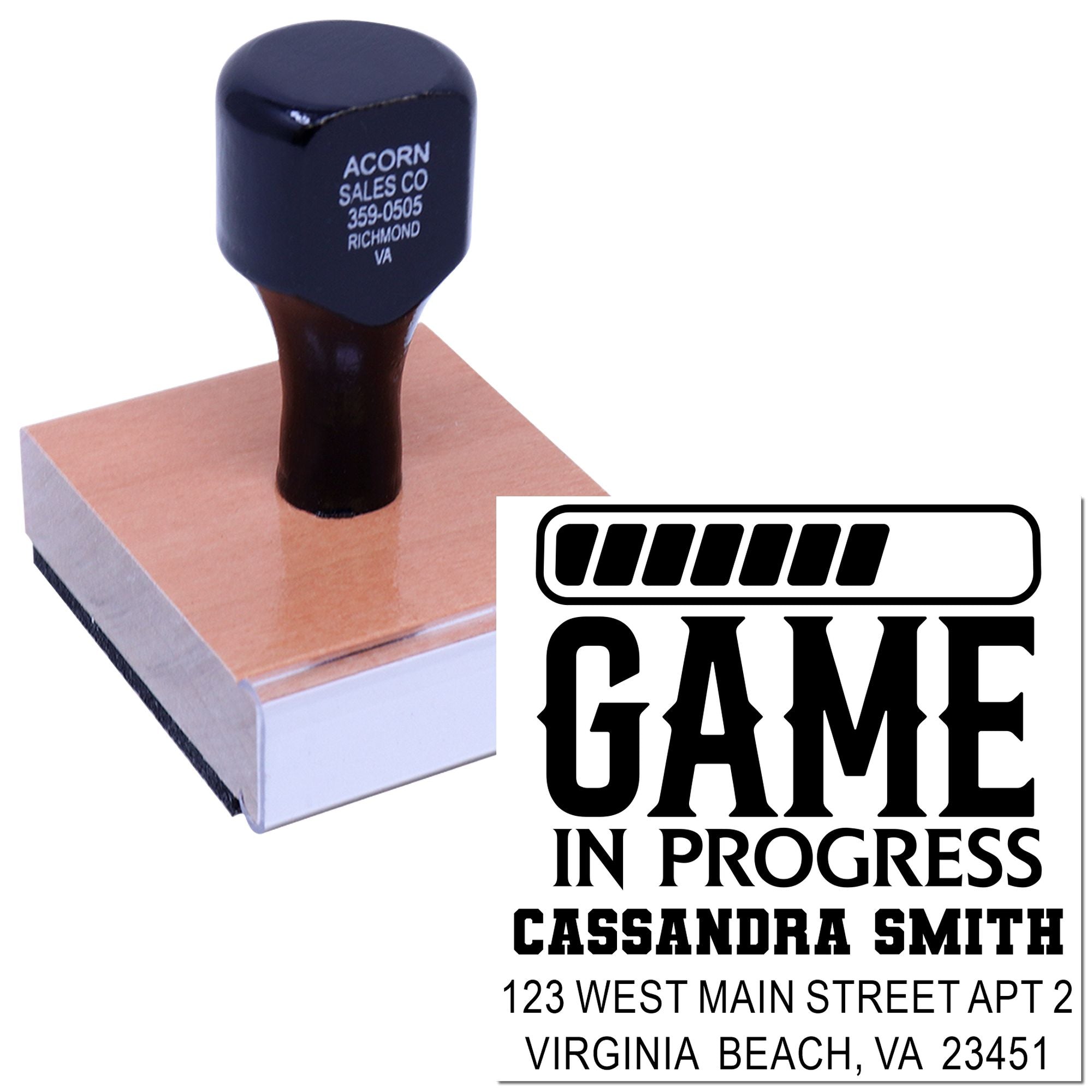Custom rubber stamp with Game In Progress design, sample name, and address imprint for personalized marking.