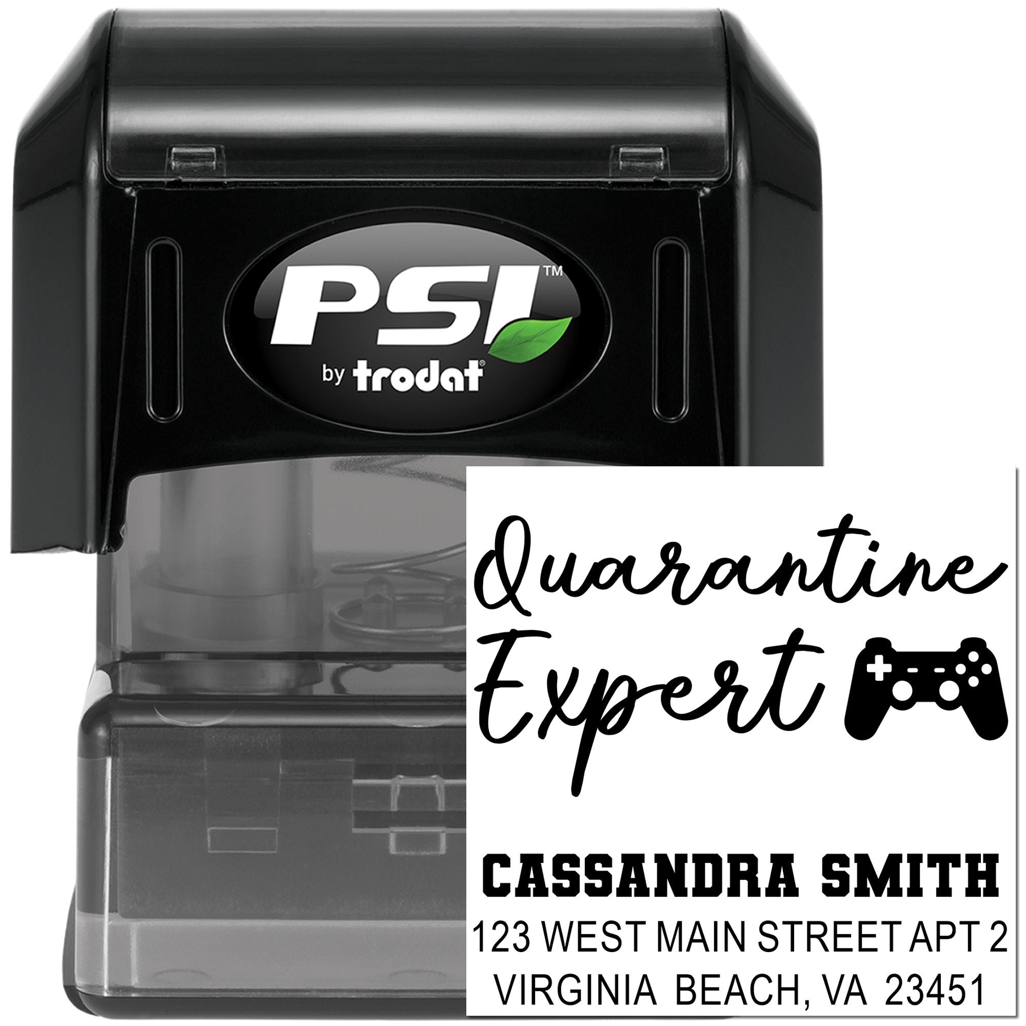 Custom self-inking rubber stamp by PSI Trodat with Quarantine Expert and personalized address imprint