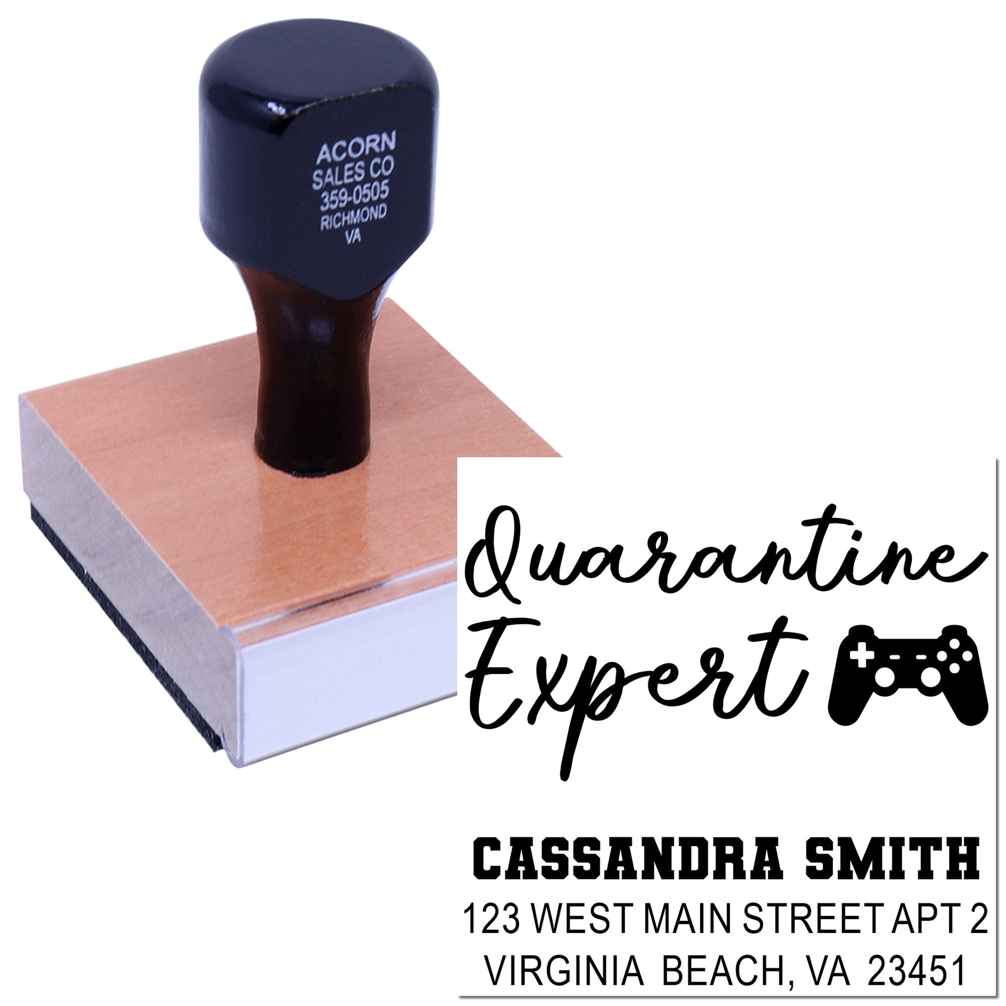 Custom rubber address stamp with Quarantine Expert design and personalized name and address for mailing and business use.