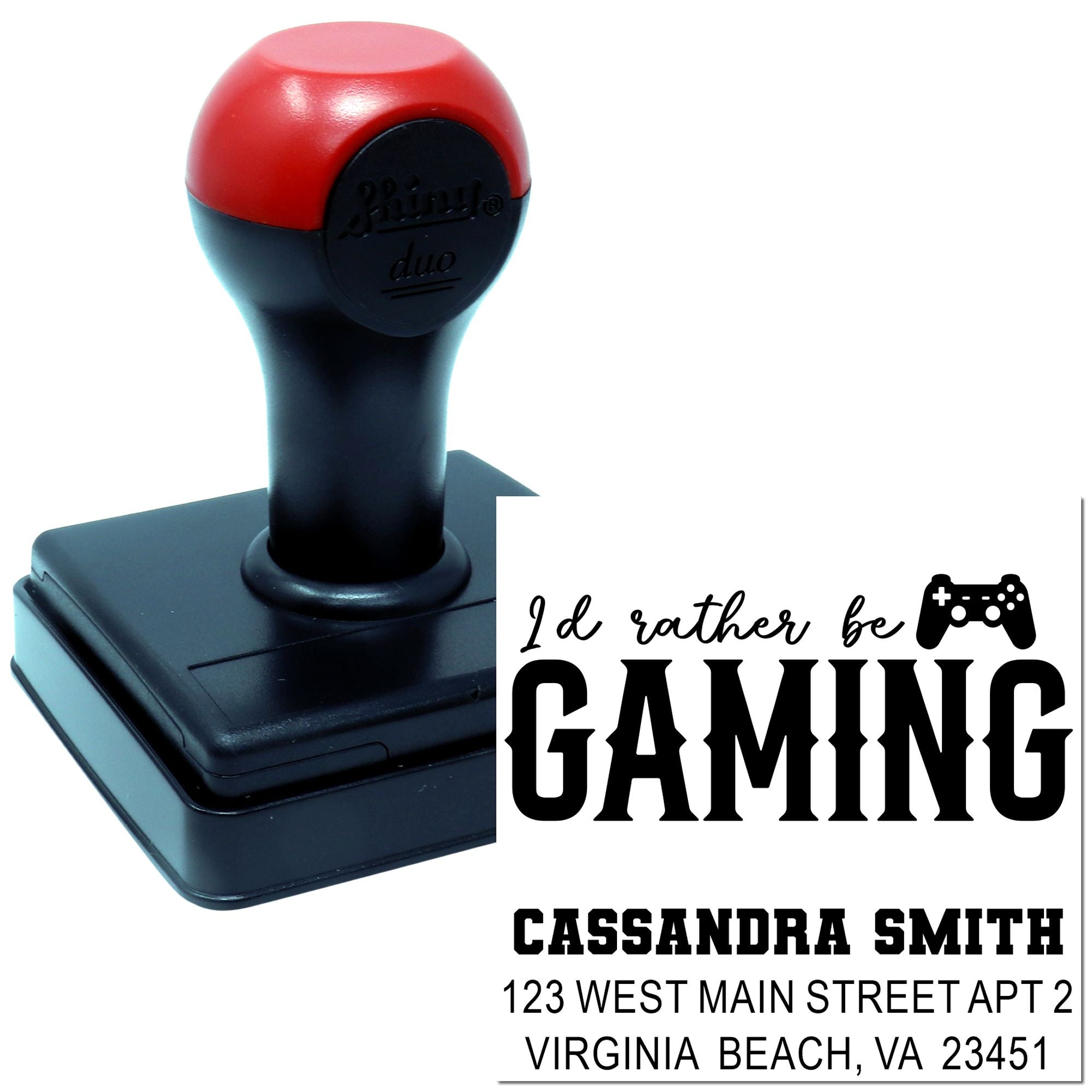 Custom self-inking rubber stamp with gamer quote and return address for personal mail, packaging, and crafting.