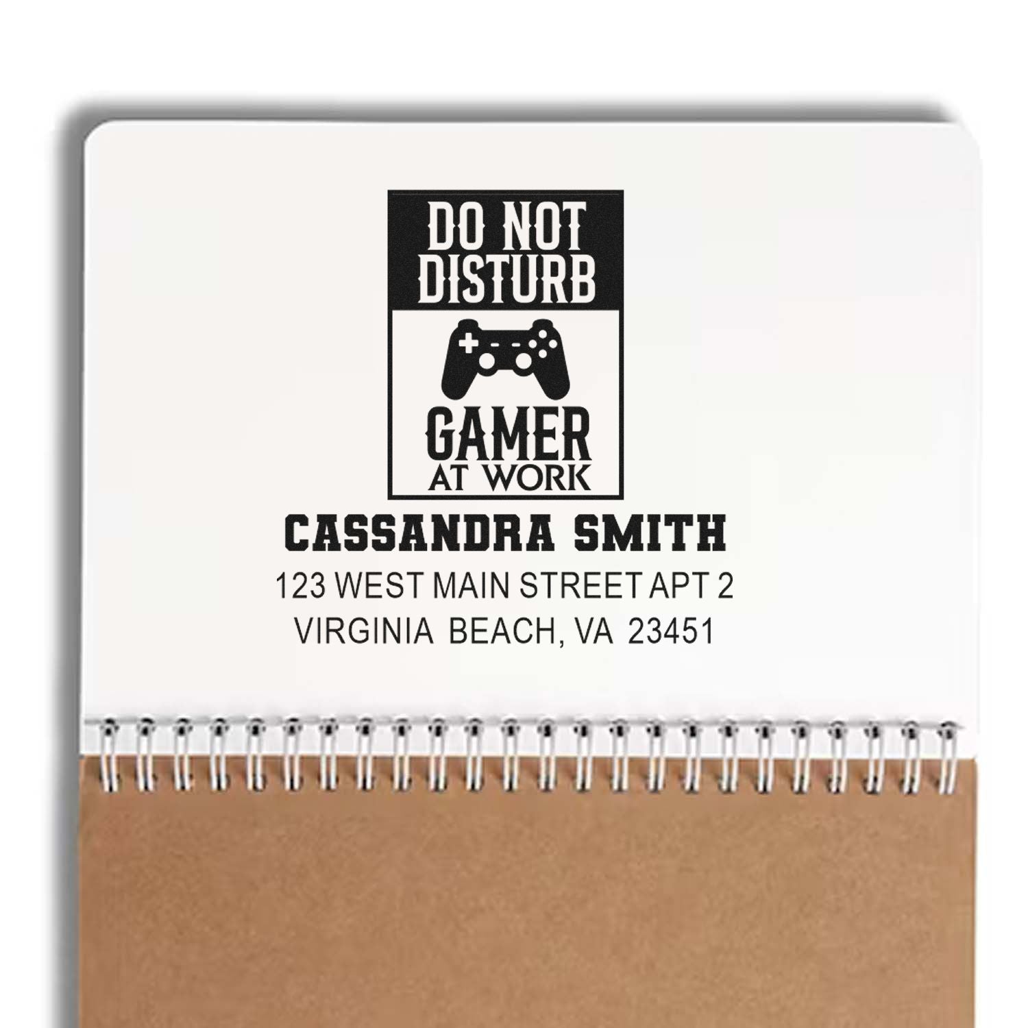 Personalized gamer rubber stamp with Do Not Disturb Gamer at Work design and custom name and address.