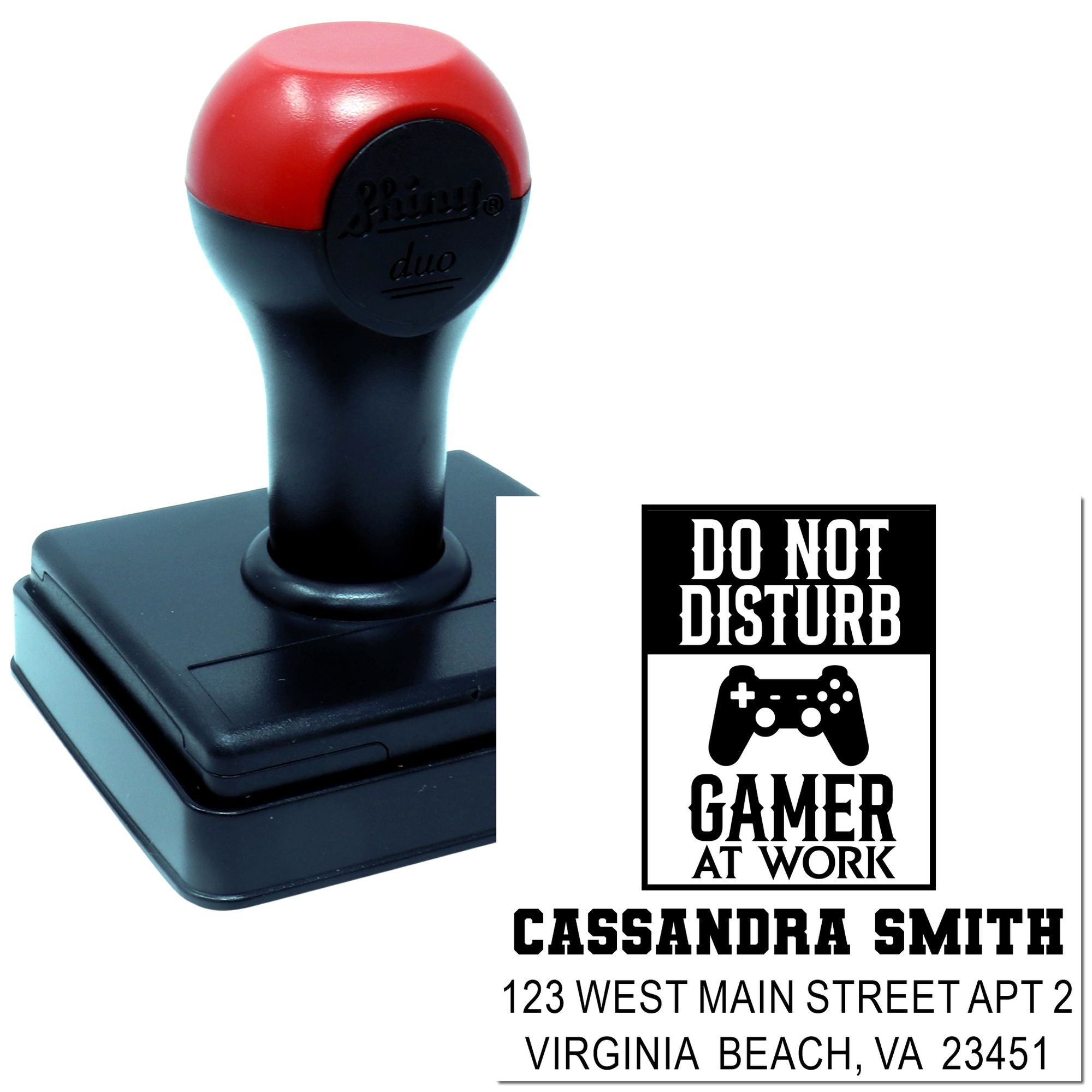 Personalized self-inking rubber stamp with Do Not Disturb Gamer at Work message, name, and address.
