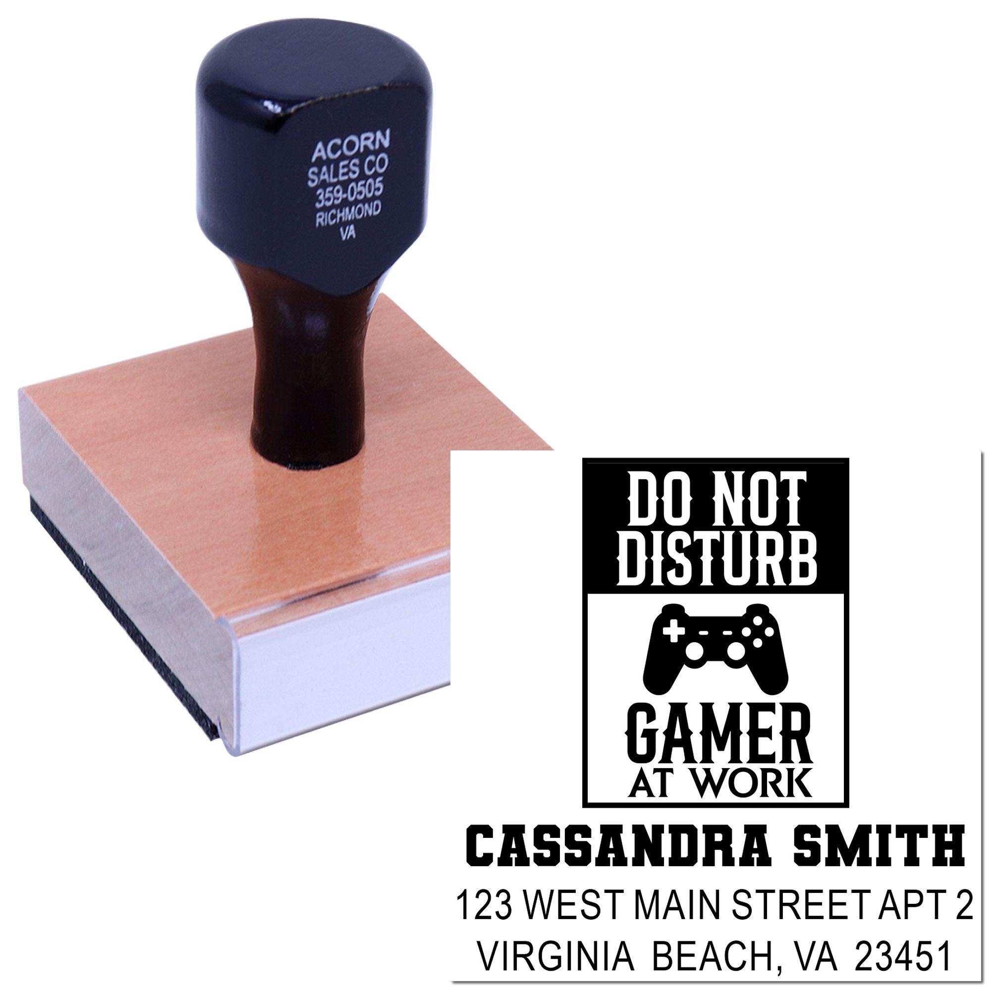 Custom rubber stamp for a Do Not Disturb Gamer at Work address stamp with personalized name and mailing address.
