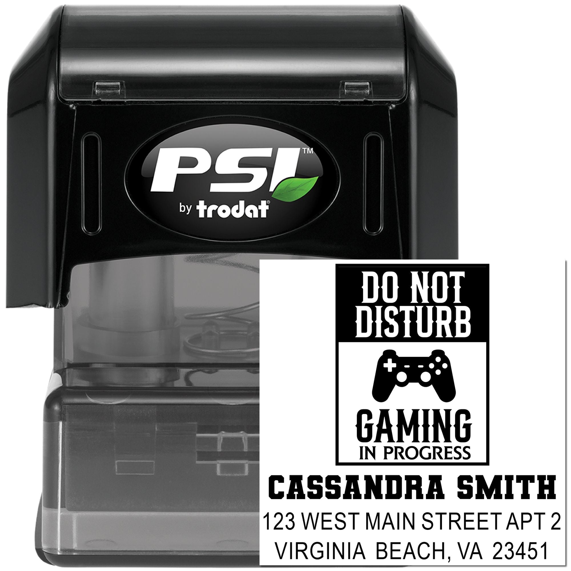 Custom self-inking rubber stamp for gaming: Do Not Disturb and personalized address stamp for Cassandra Smith.