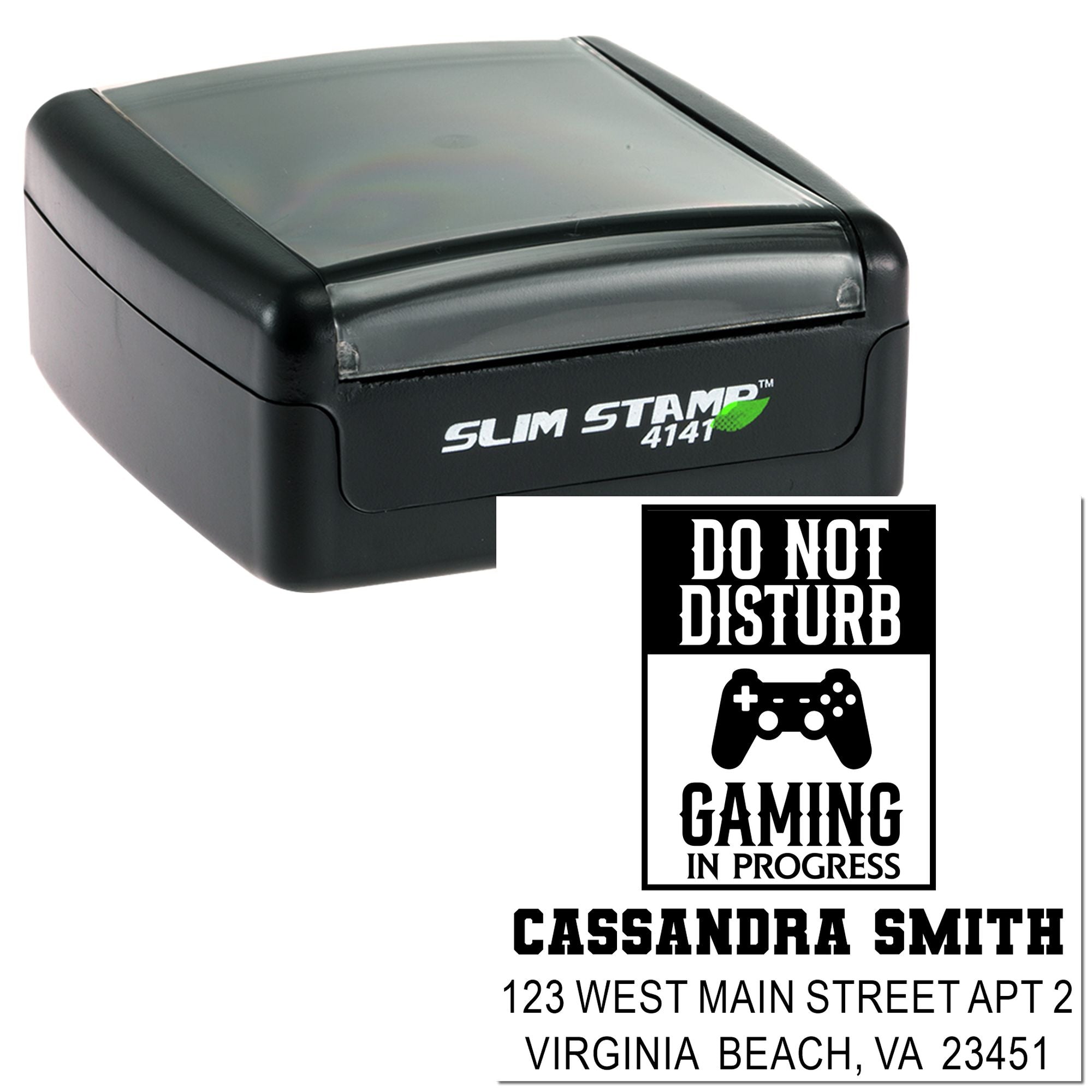 Personalized self-inking rubber stamp with Do Not Disturb Gaming in Progress message, gamer controller icon, name, and address.