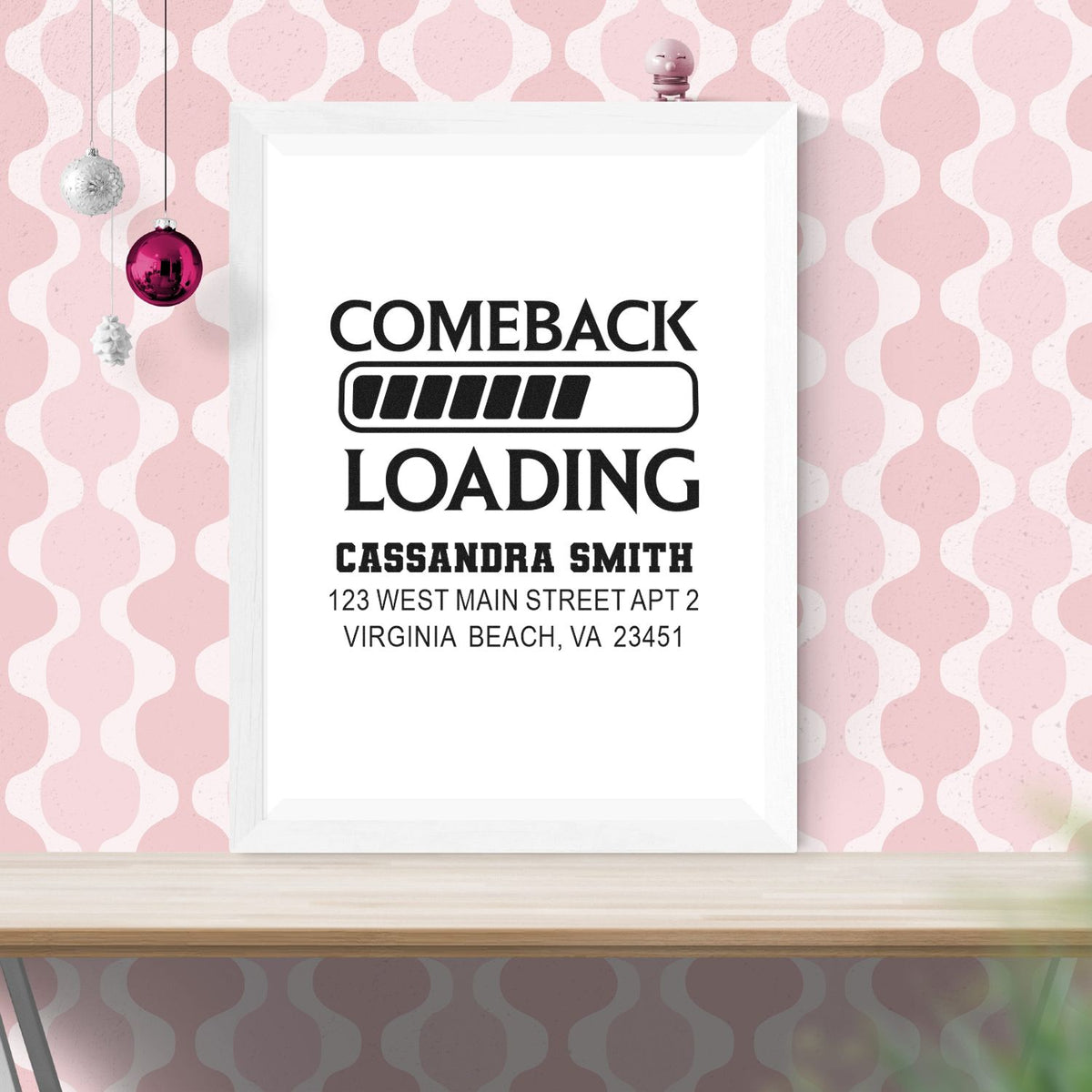 Personalized Comeback Loading rubber stamp design with name and return address for custom self-inking stamps.