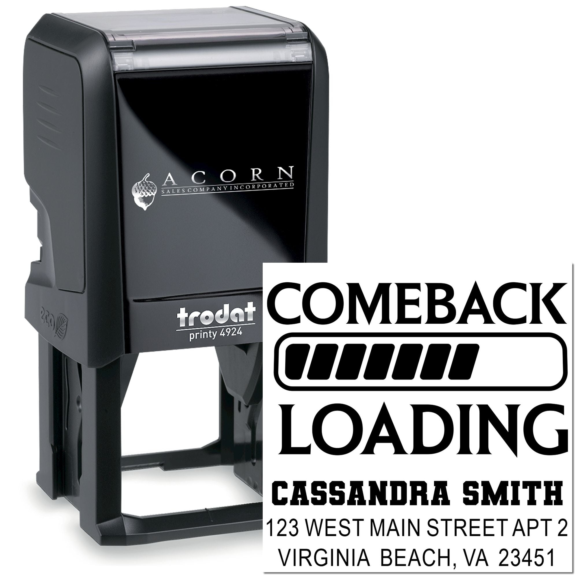 Custom self-inking rubber stamp with Comeback Loading design, name, and address for business or personal mailing.