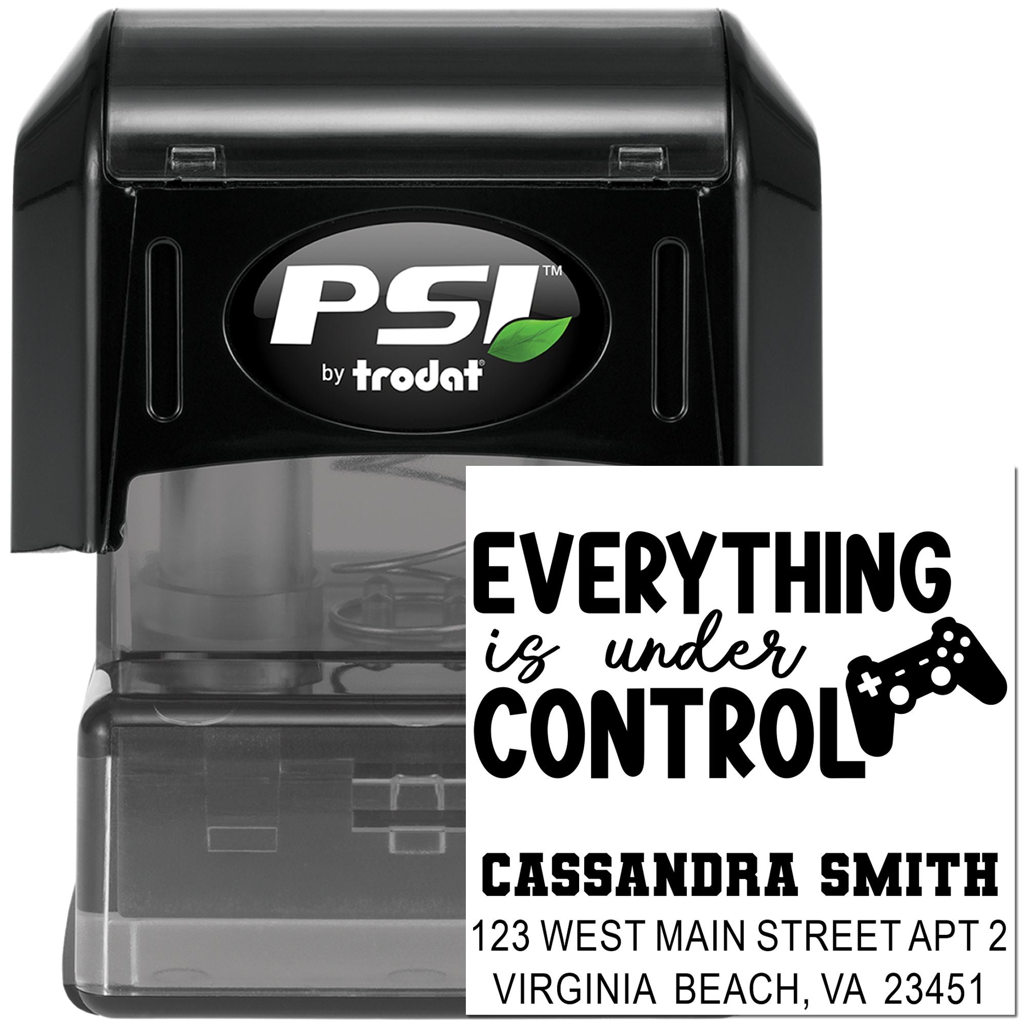 Personalized self-inking rubber stamp with Everything is under Control gamer design and custom address text.