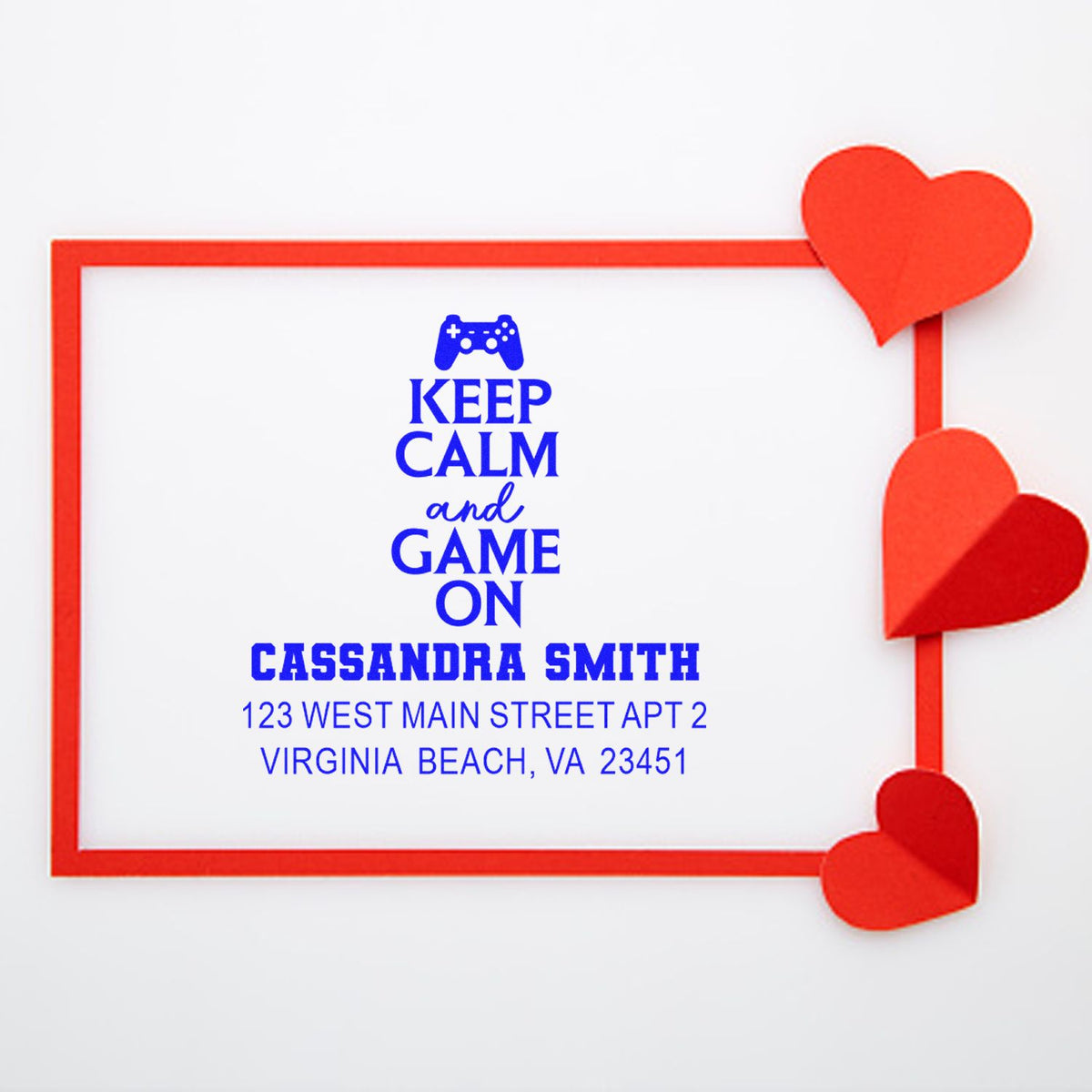 Personalized Keep Calm and Game On rubber stamp with name and address, framed by red hearts for gamer mail and gifts.