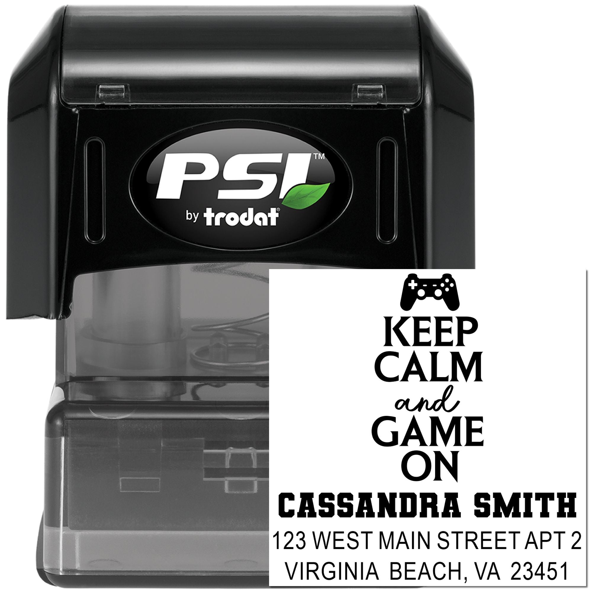Custom self-inking rubber stamp with "Keep Calm and Game On" gaming address design for Cassandra Smith.
