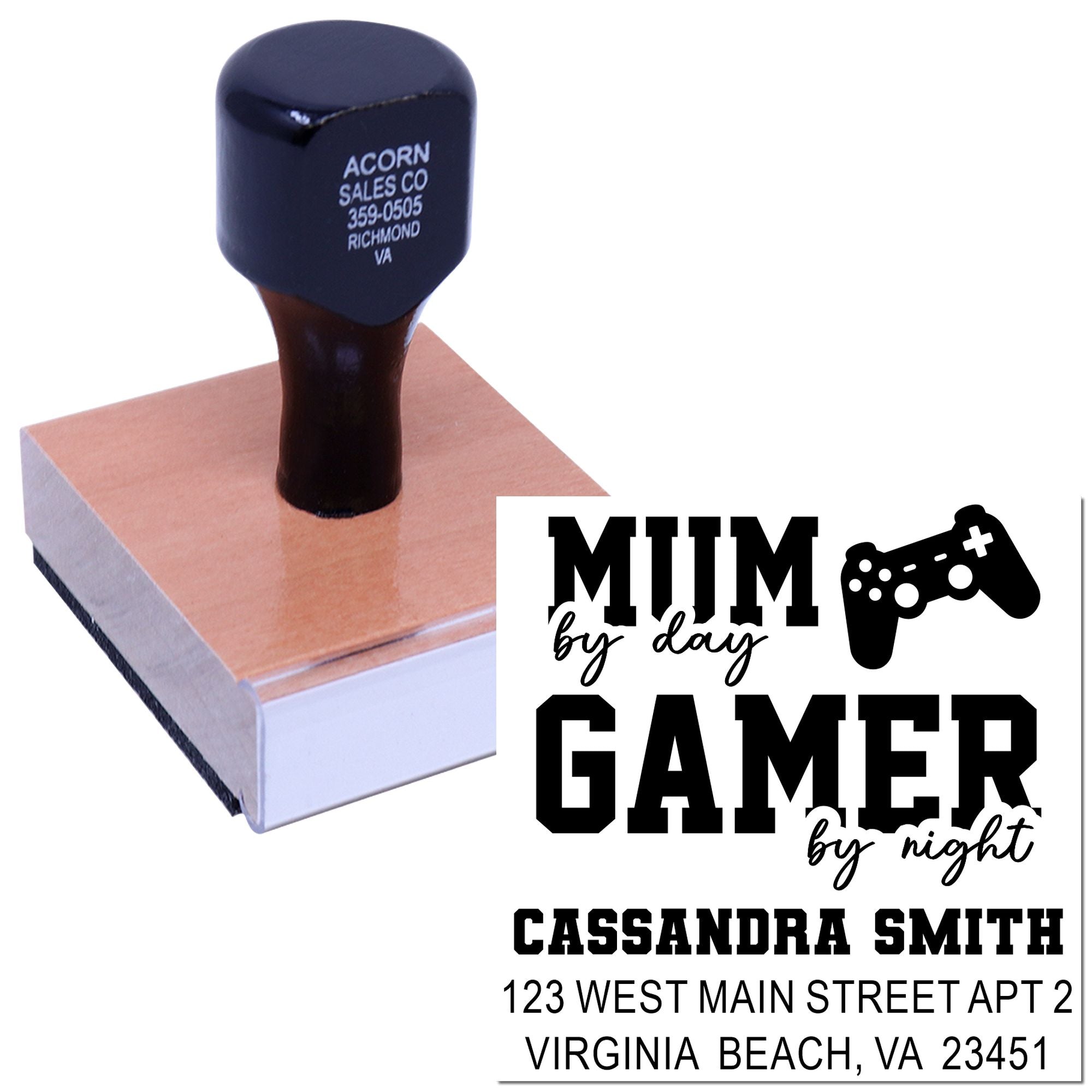 Custom self-inking rubber stamp with gamer mom address design, featuring personalized name, address, and game controller graphic.