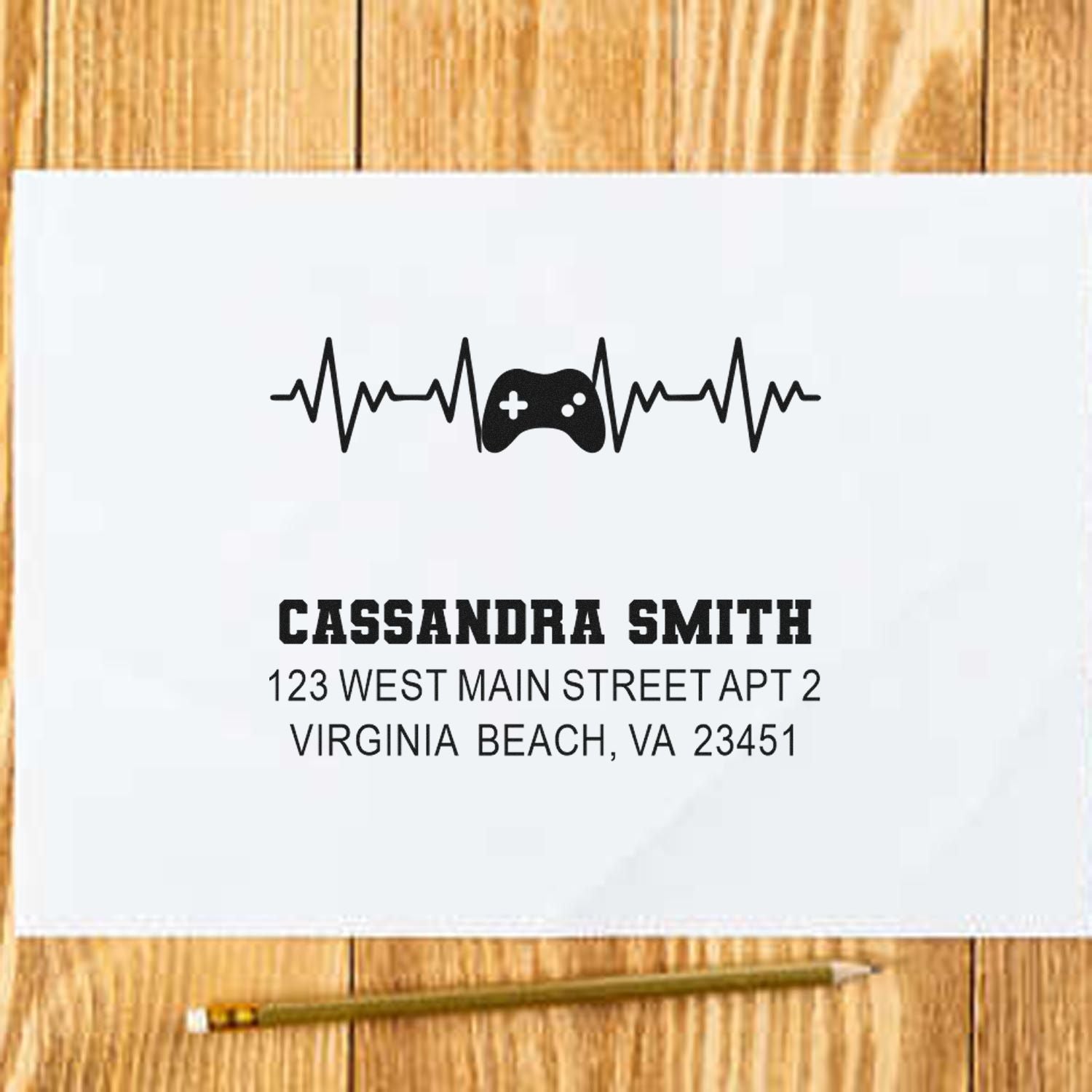 Personalized gamer return address rubber stamp for Cassandra Smith with controller and heartbeat design