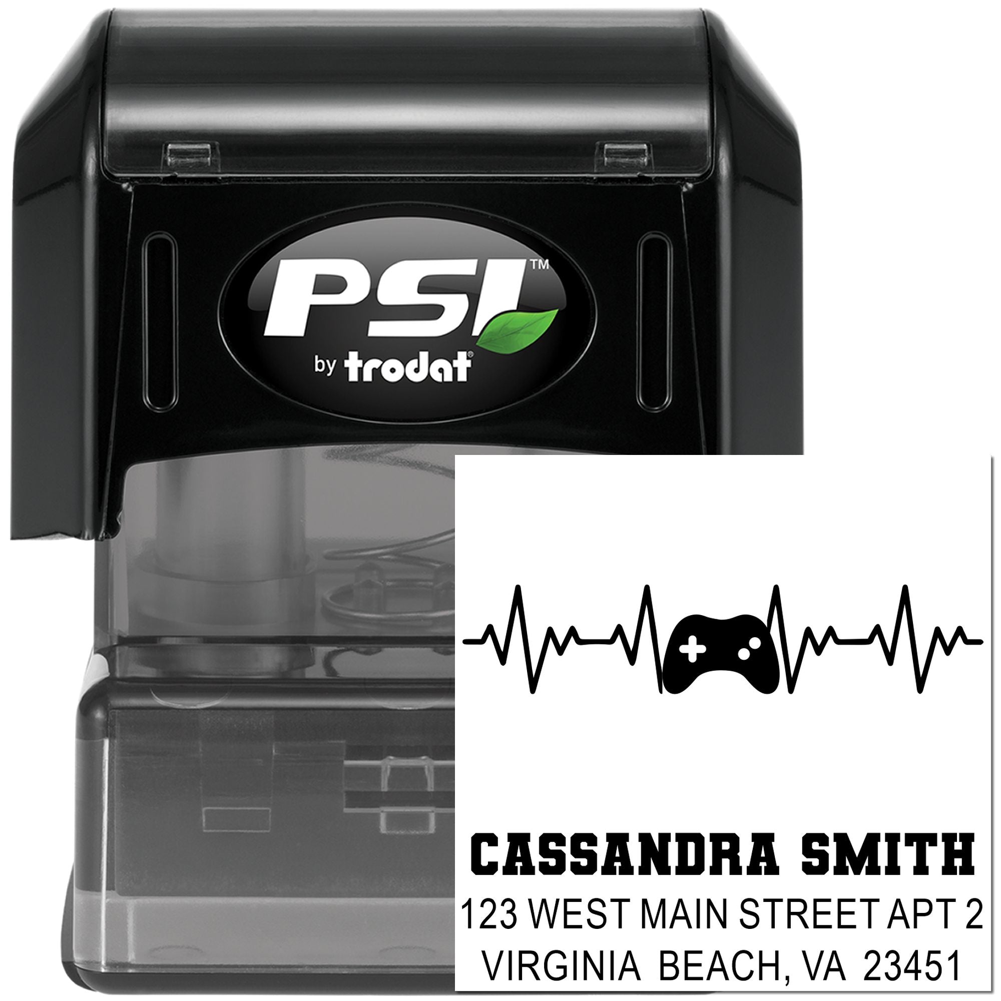 PSI by Trodat custom self-inking return address stamp with gamer heartbeat and controller design