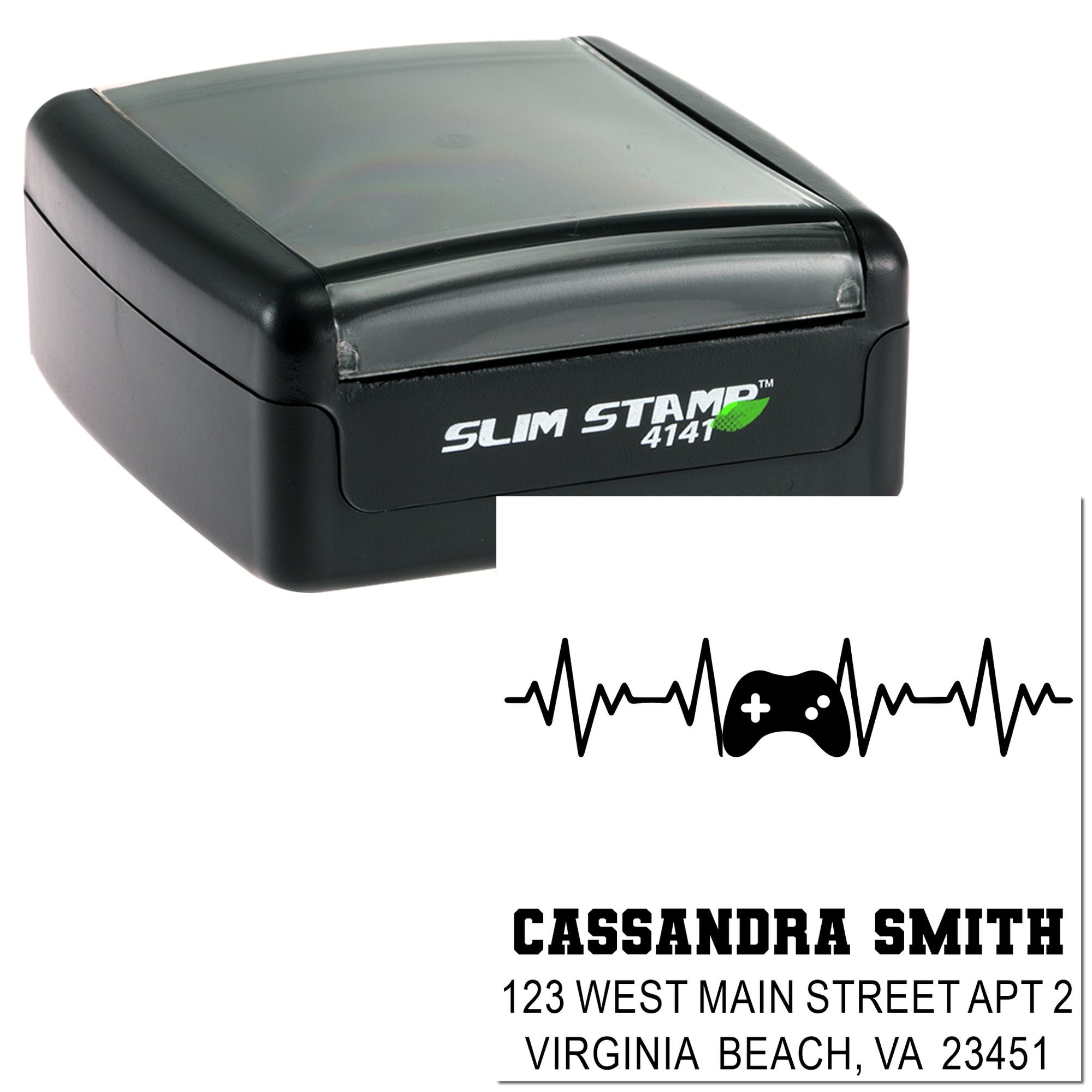 Custom self-inking address rubber stamp with gamer heartbeat design and Cassandra Smith return address.