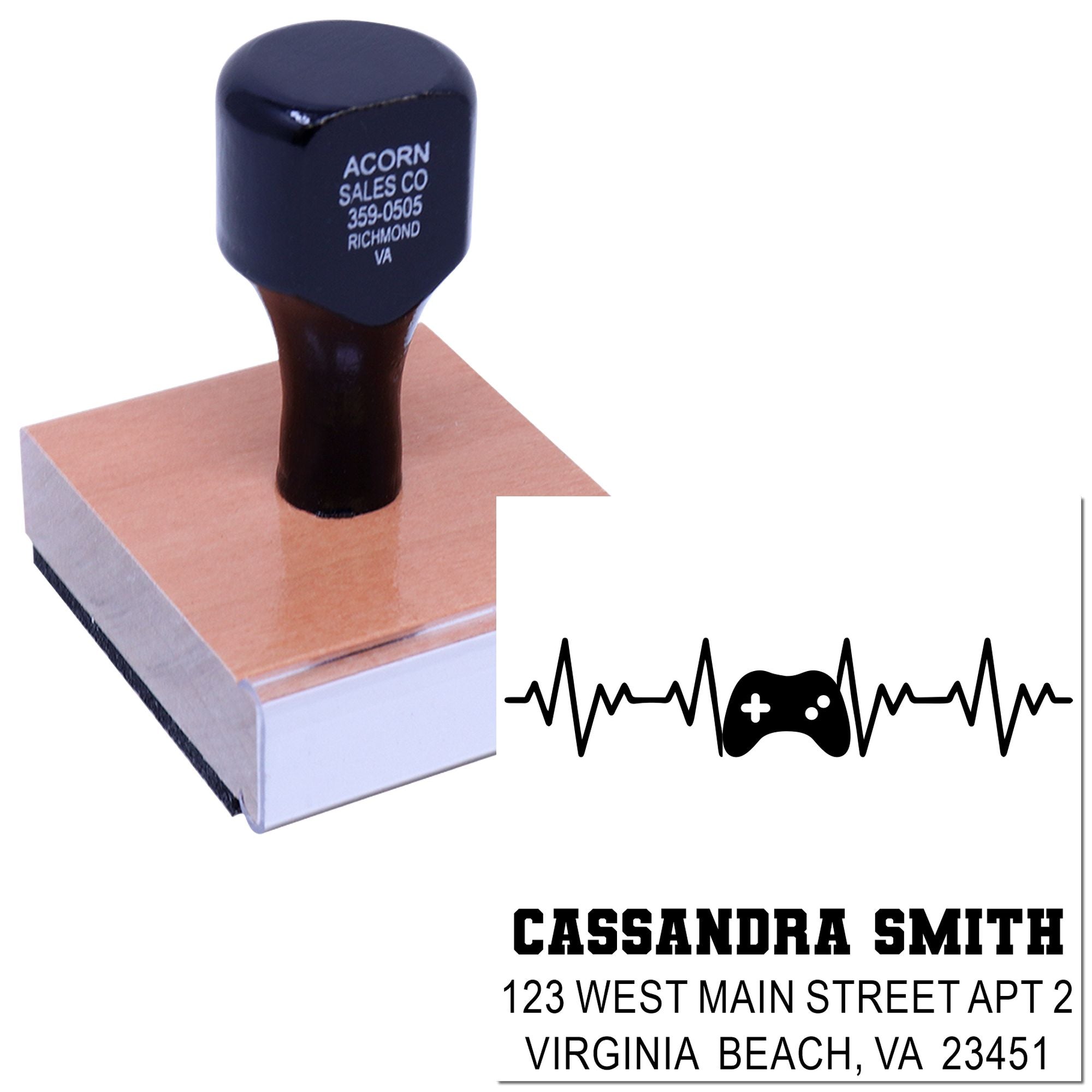 Personalized return address rubber stamp with gamer heartbeat design and name/address imprint for custom mailing labels and branding.