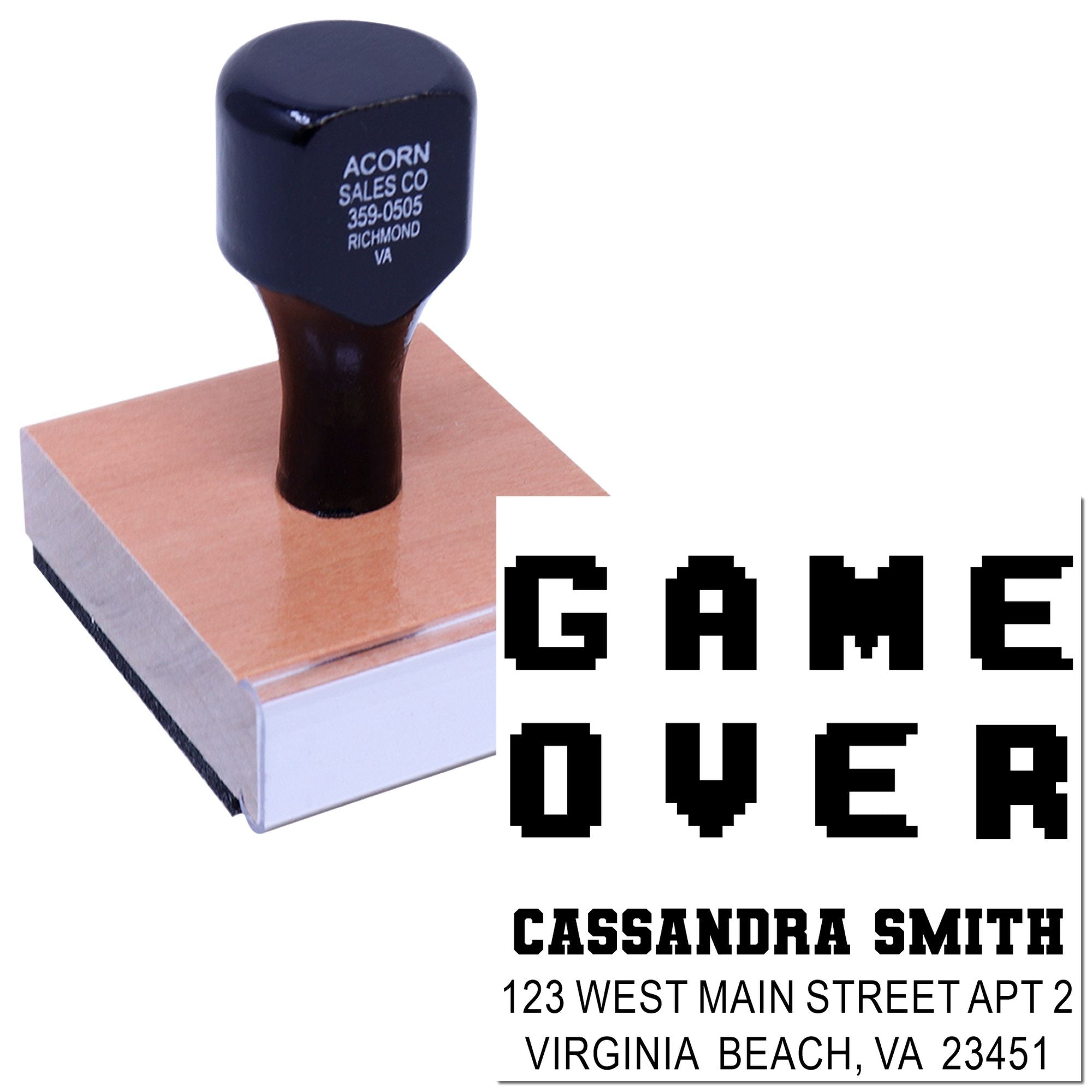 Custom rubber stamp with Game Over design and personalized name and address for gaming-themed mailing and branding.