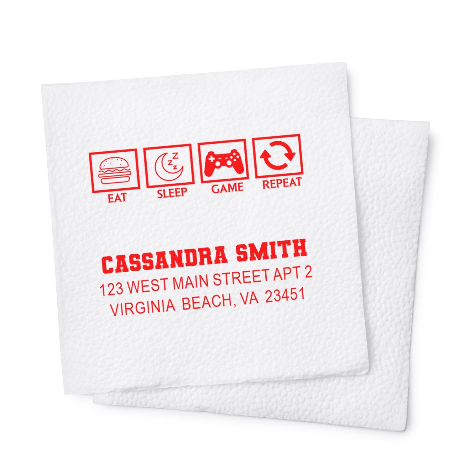 Custom rubber address stamp with Eat Sleep Game Repeat design for Cassandra Smith, Virginia Beach mailing envelopes.