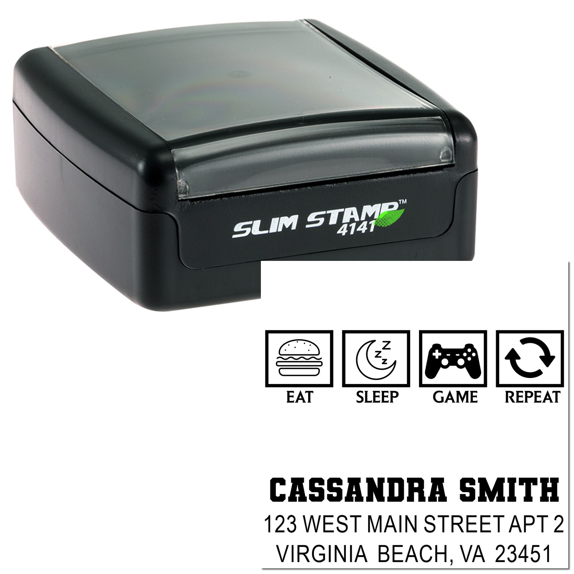 Personalized self-inking rubber stamp with name, address, and Eat Sleep Game Repeat design, Slim Stamp 4141.