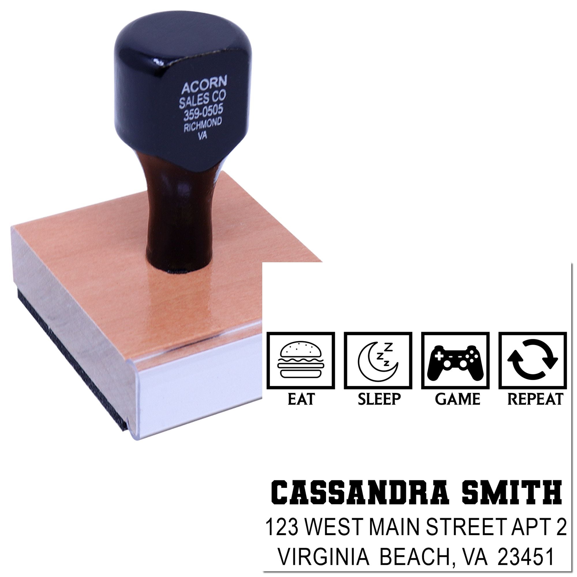 Personalized return address rubber stamp with custom name, address, and Eat Sleep Game Repeat design