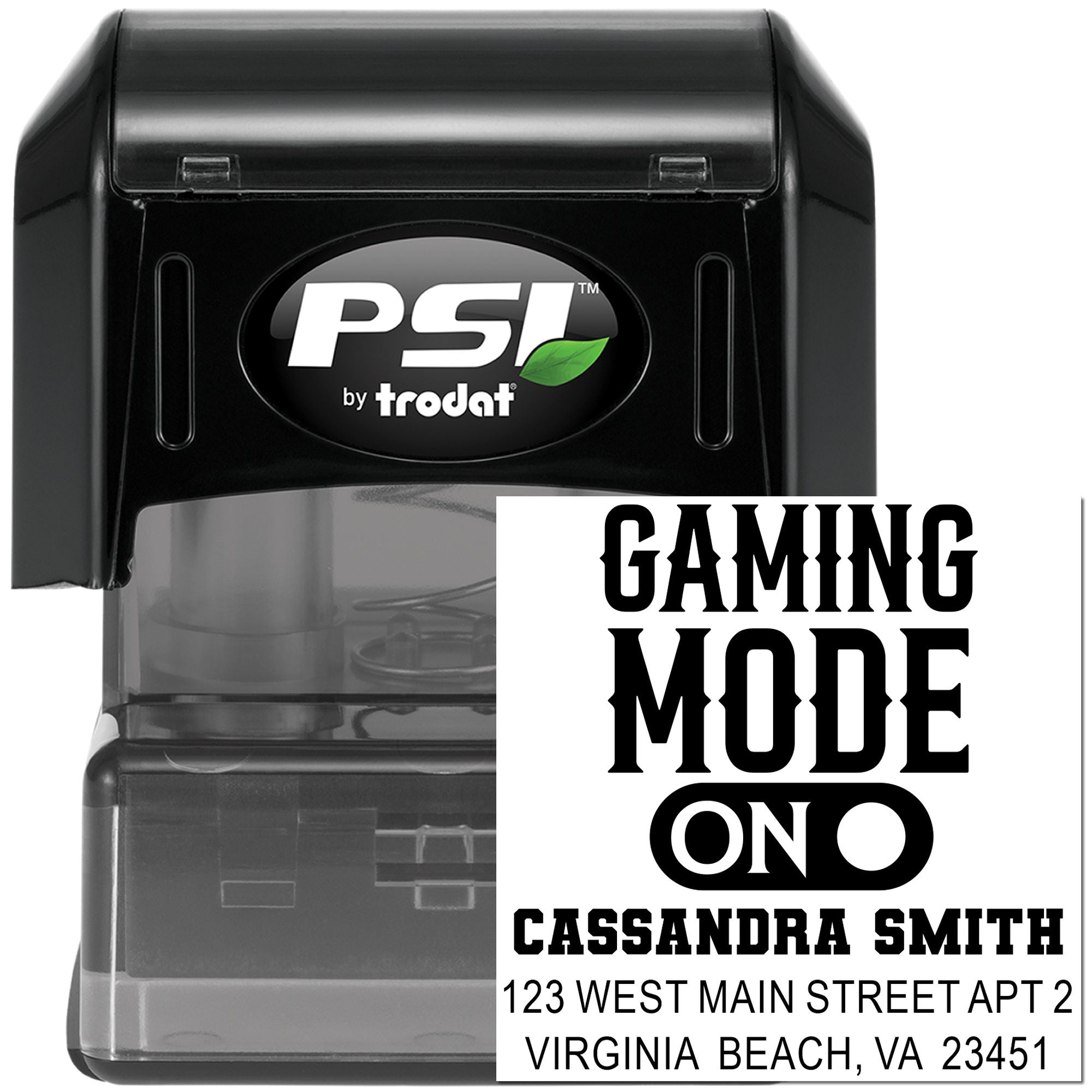 Custom self-inking rubber stamp with Gaming Mode On name and address imprint, PSI by Trodat for personalized stamping.