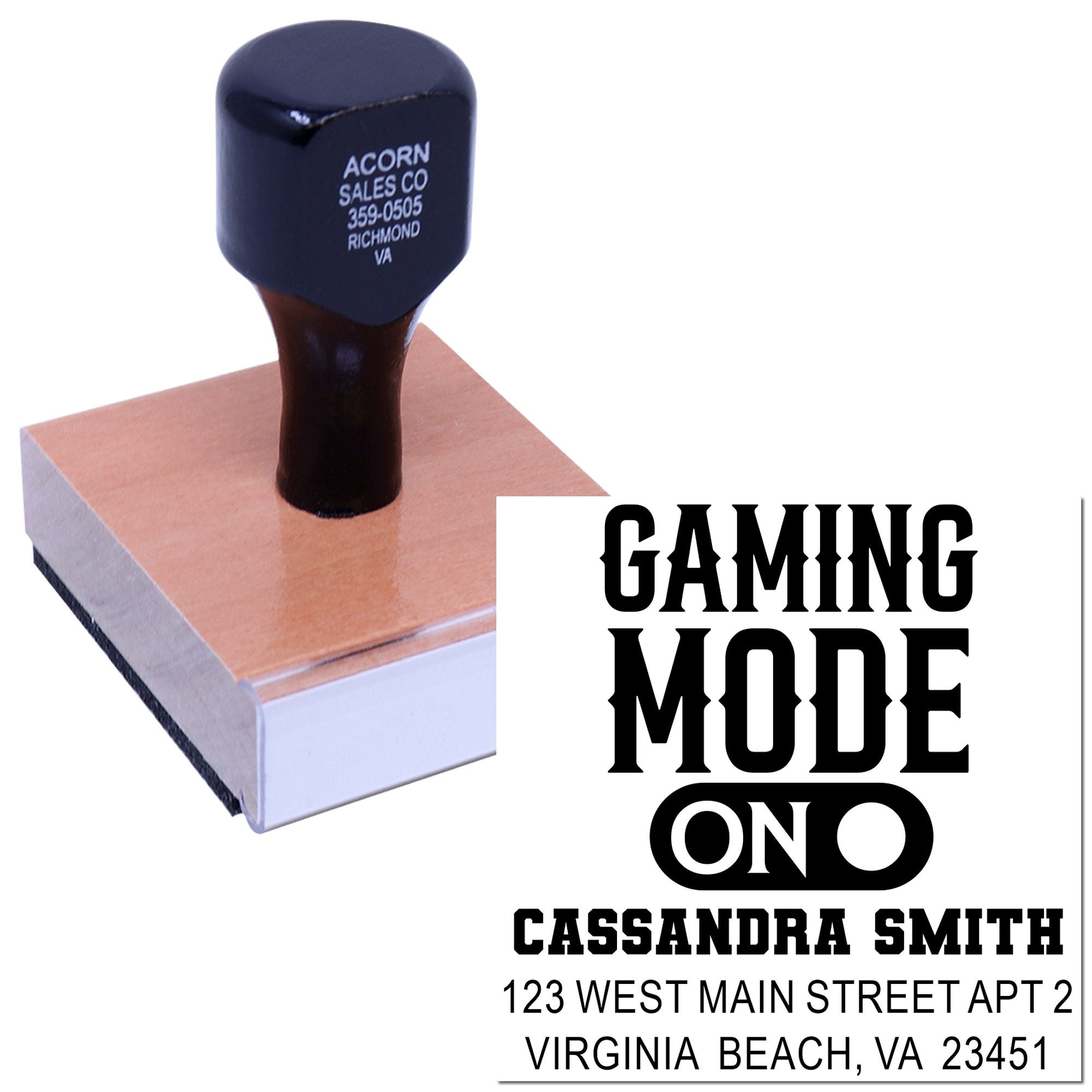 Gaming Mode On custom rubber stamp with name and address for gamer-themed mail and packages.