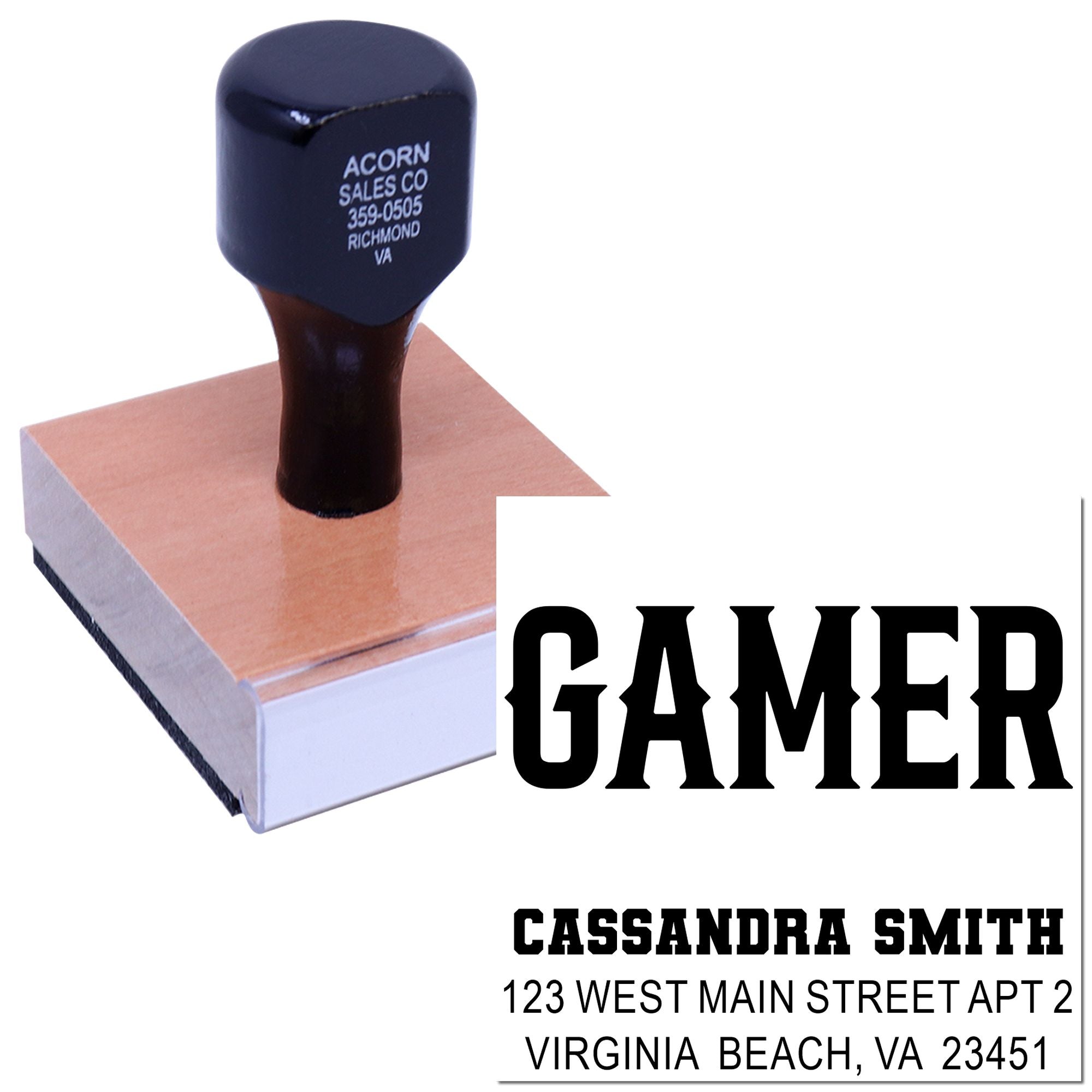 Personalized gamer rubber stamp with name and address, perfect for custom return address or branding.