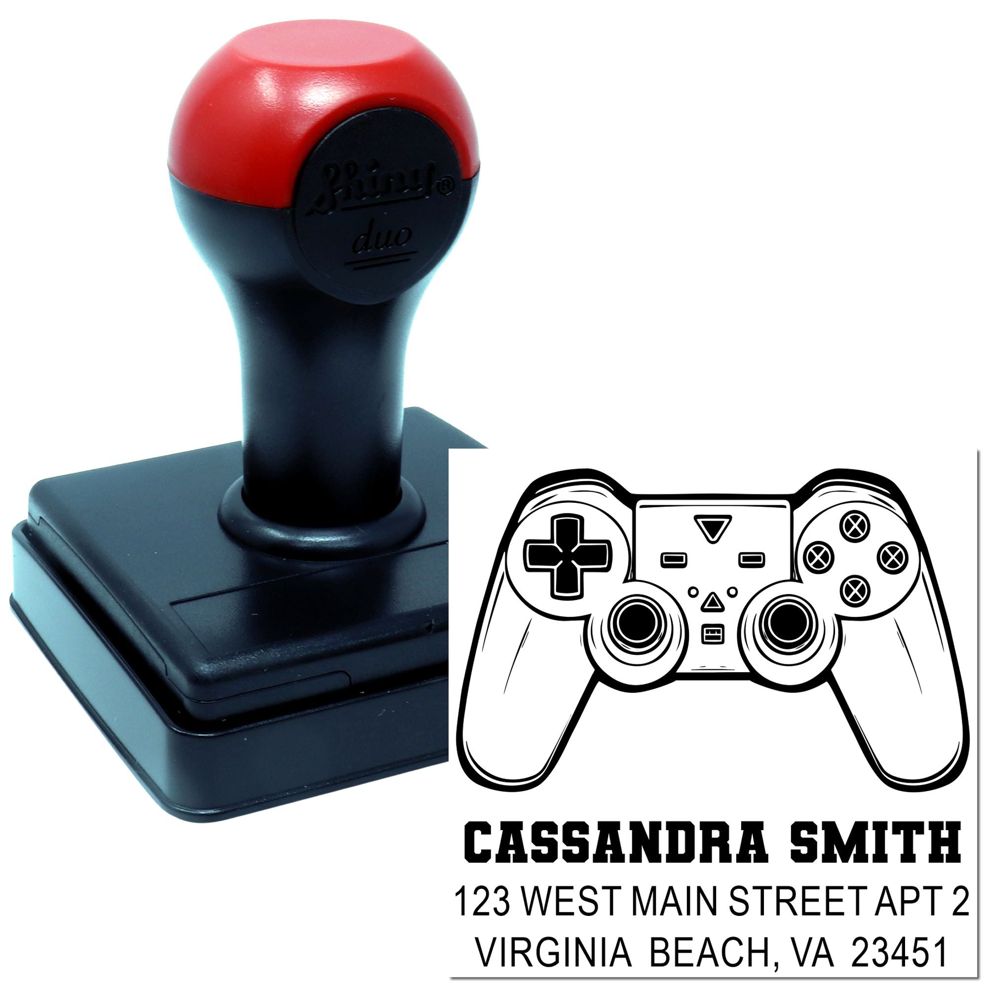 Personalized self-inking rubber stamp with game controller design and custom name and address for gamer mail.