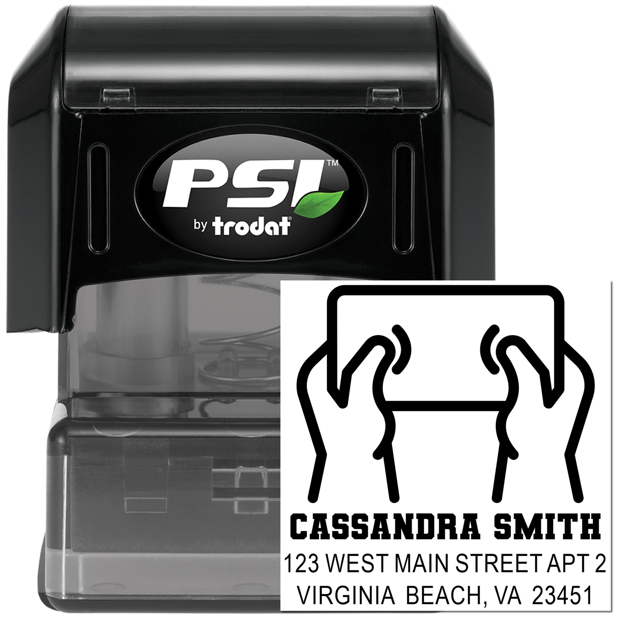 PSI by Trodat self-inking custom address rubber stamp with name, return address, and shipping label design for mailings.