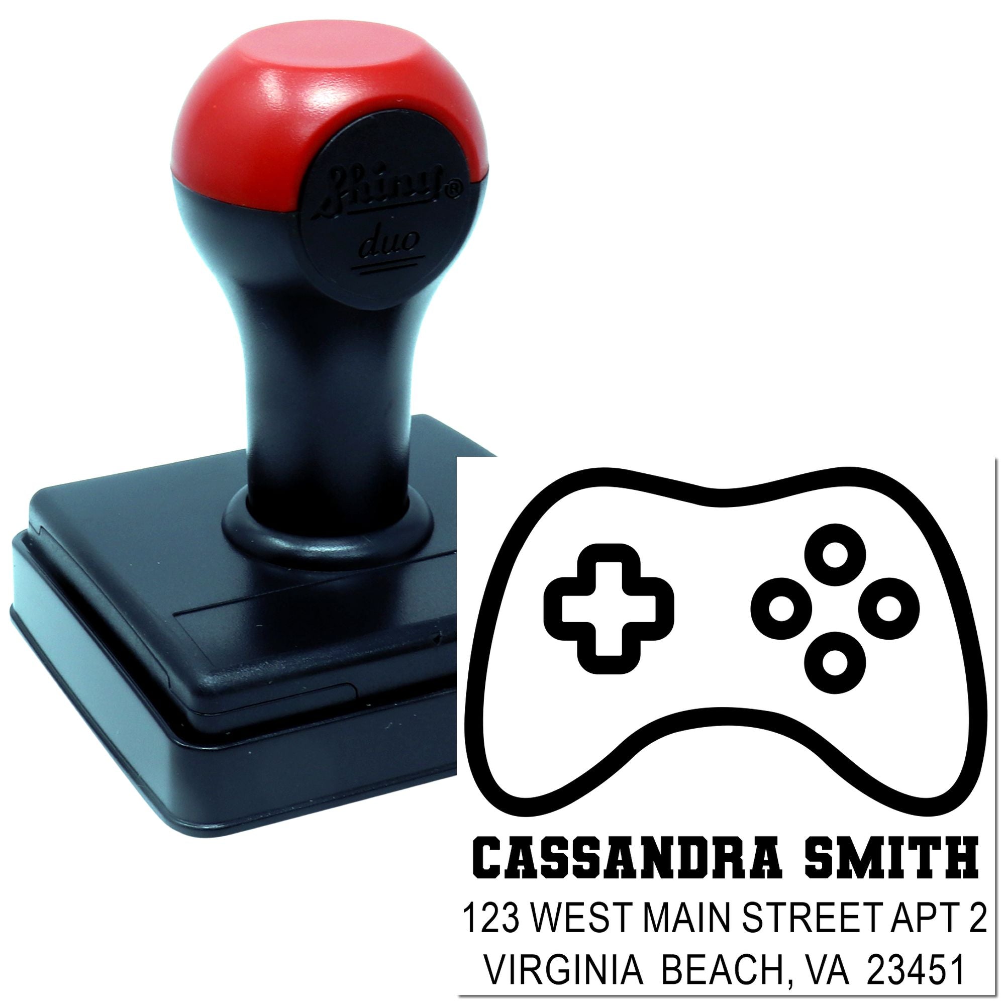 Personalized self-inking rubber address stamp with game controller icon for Cassandra Smith, Virginia Beach, VA.