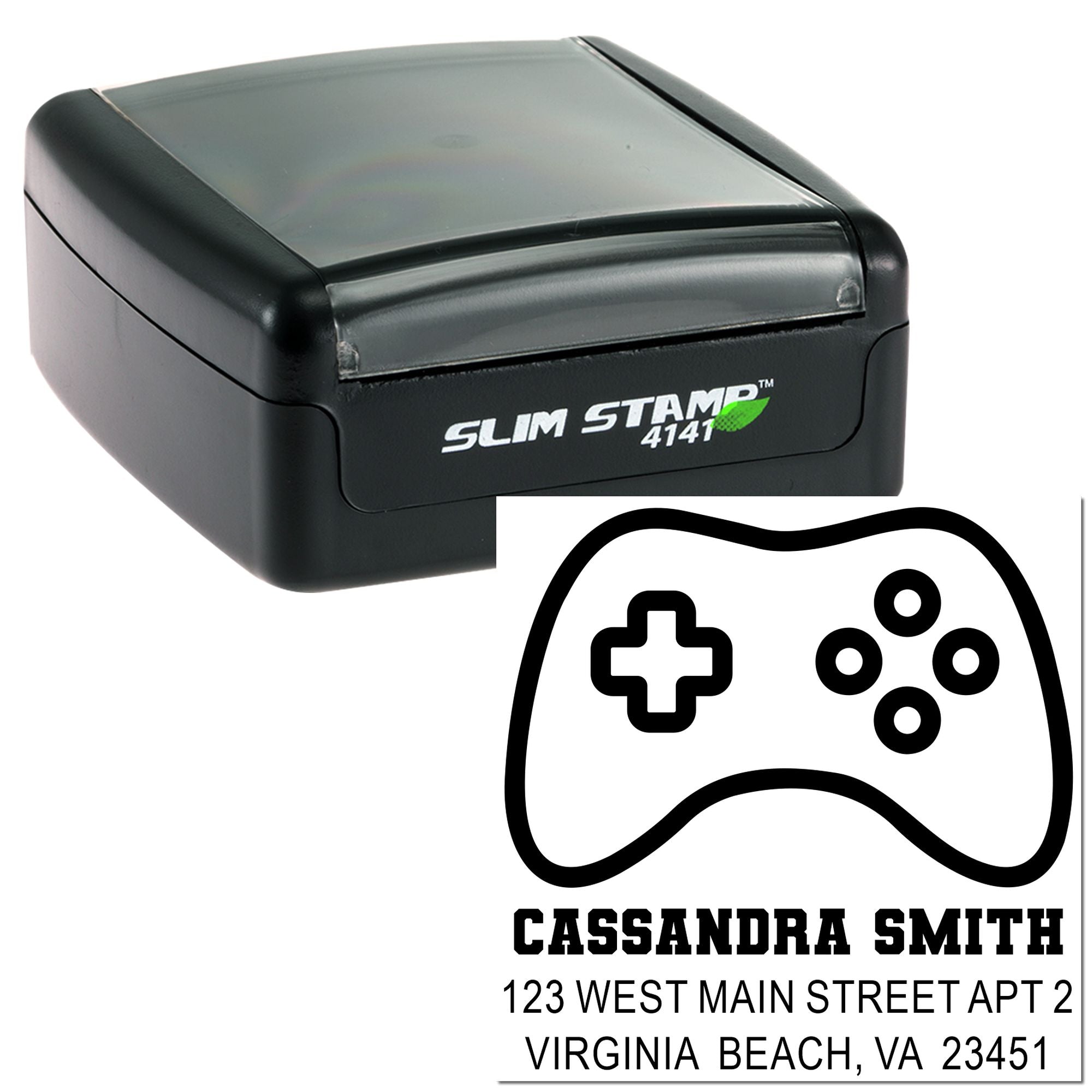 Custom self-inking rubber stamp with gamer controller design for return address labeling.