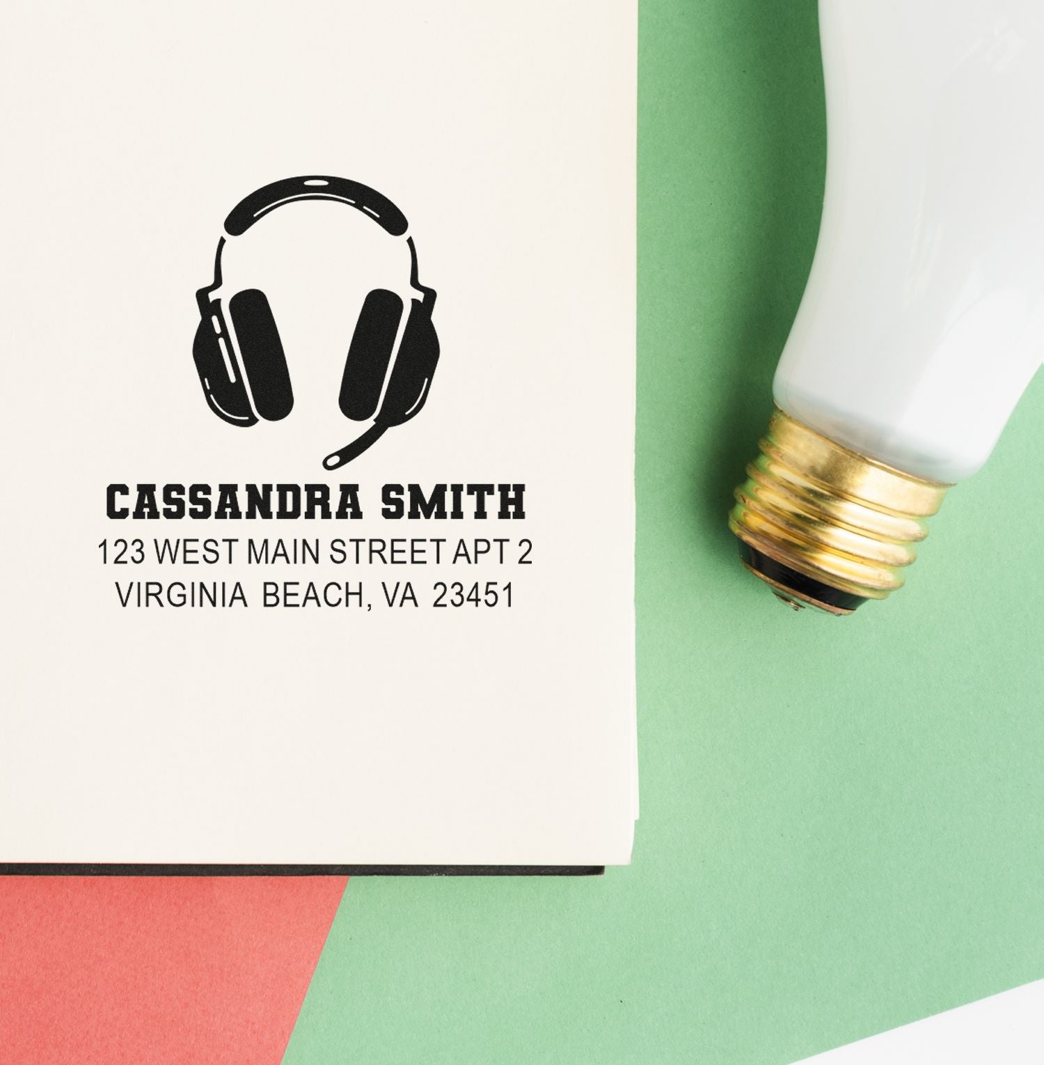 Personalized return address rubber stamp with headset logo for Cassandra Smith, Virginia Beach, VA 23451