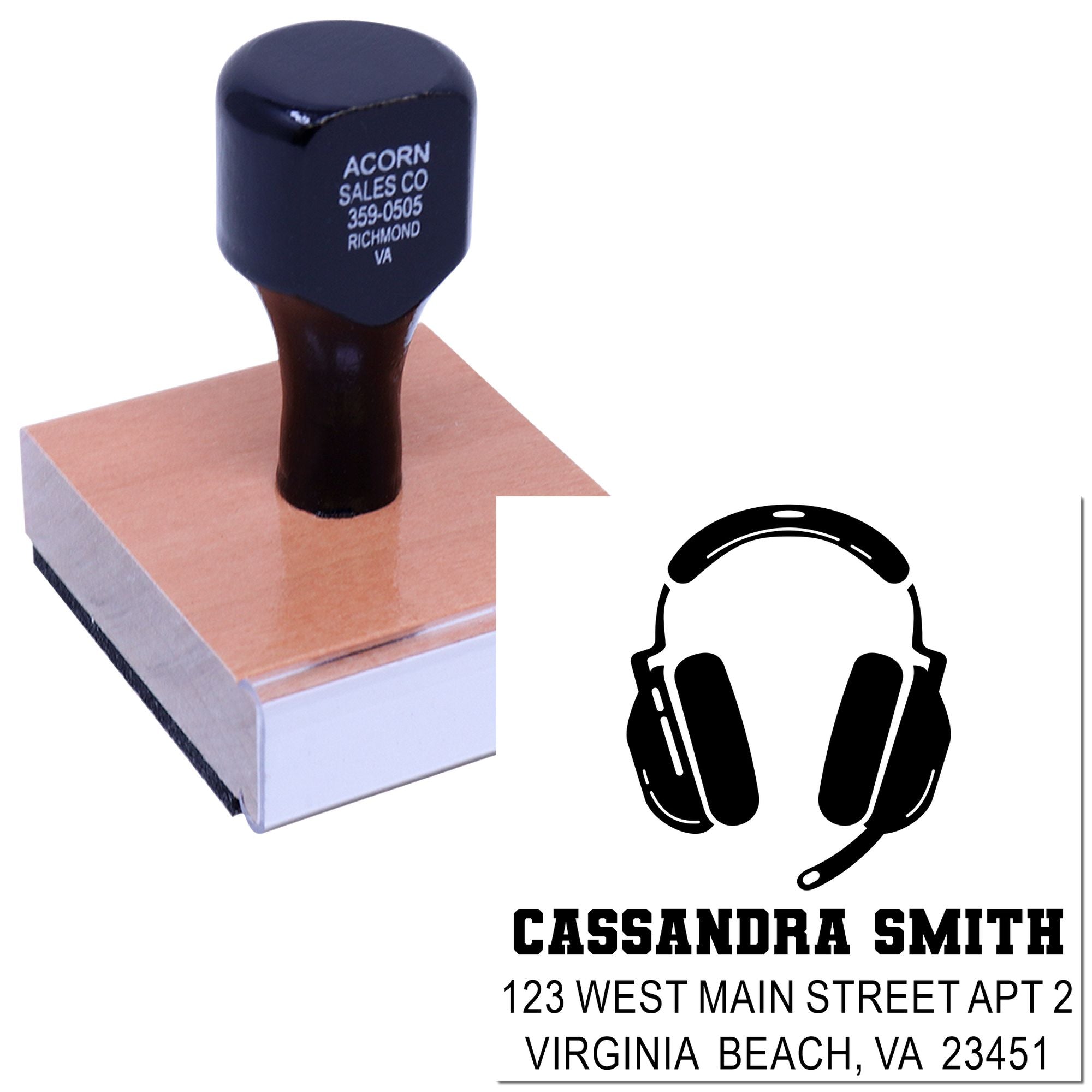 Personalized rubber address stamp with logo, name, and mailing details for business branding.