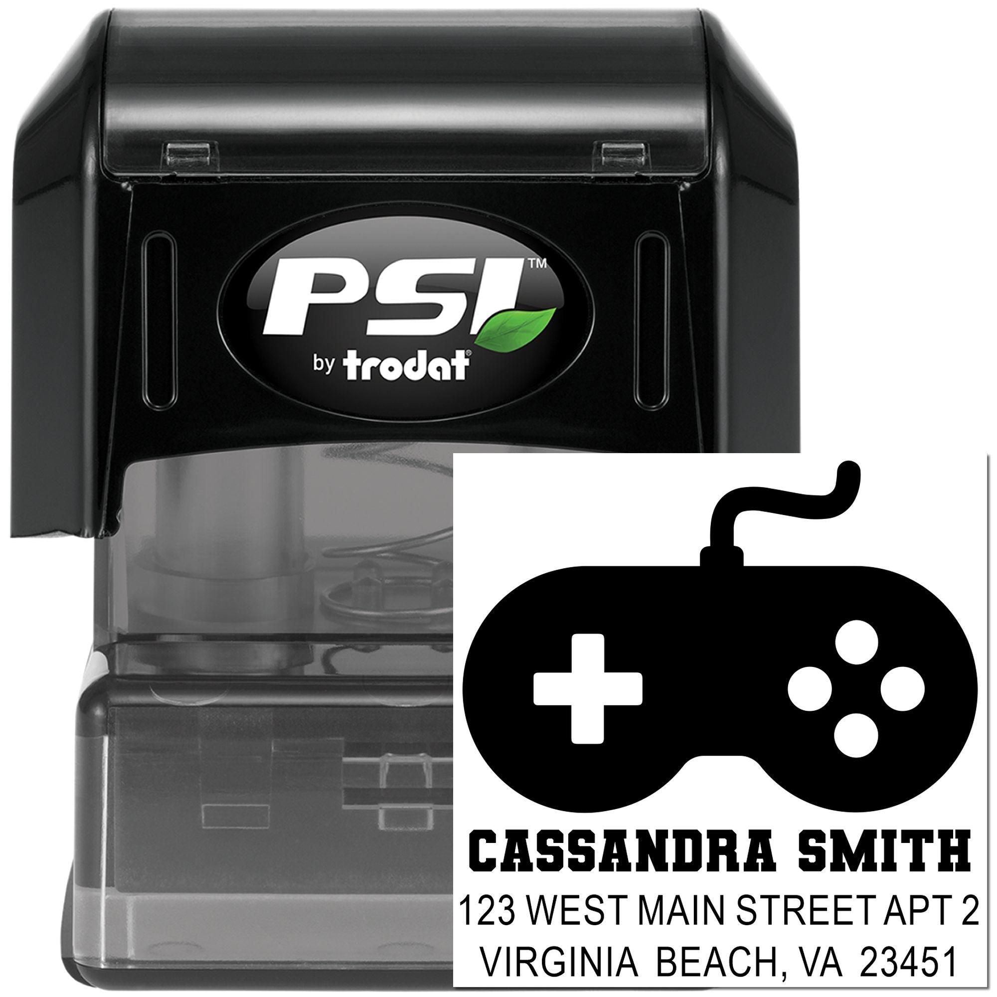 Custom self-inking address rubber stamp with gamer controller design, PSI by Trodat, for personalized mailing labels.