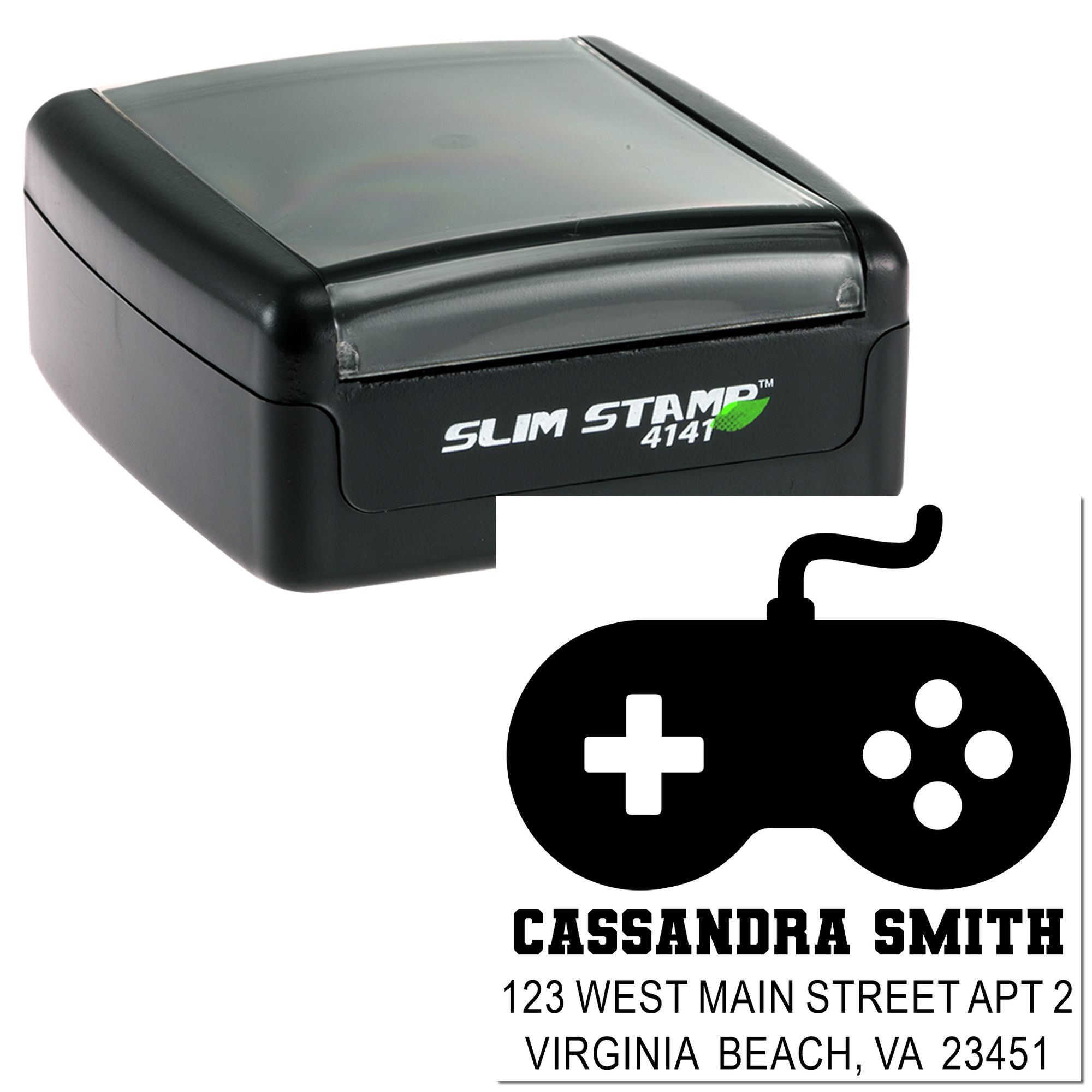 Slim Stamp 4141 self-inking rubber stamp with custom gamer return address stamp for name and address imprint.