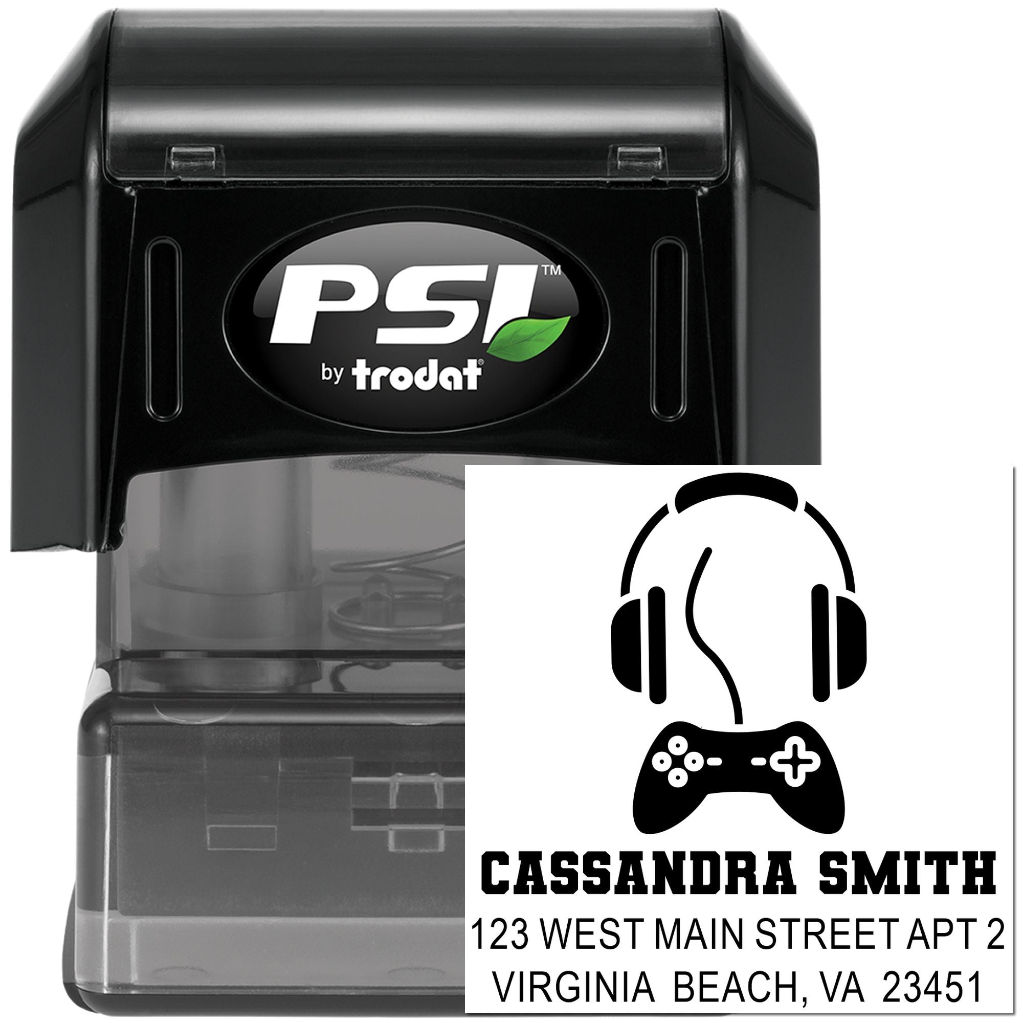 Custom gamer return address rubber stamp by PSI by Trodat with headset and game controller design.