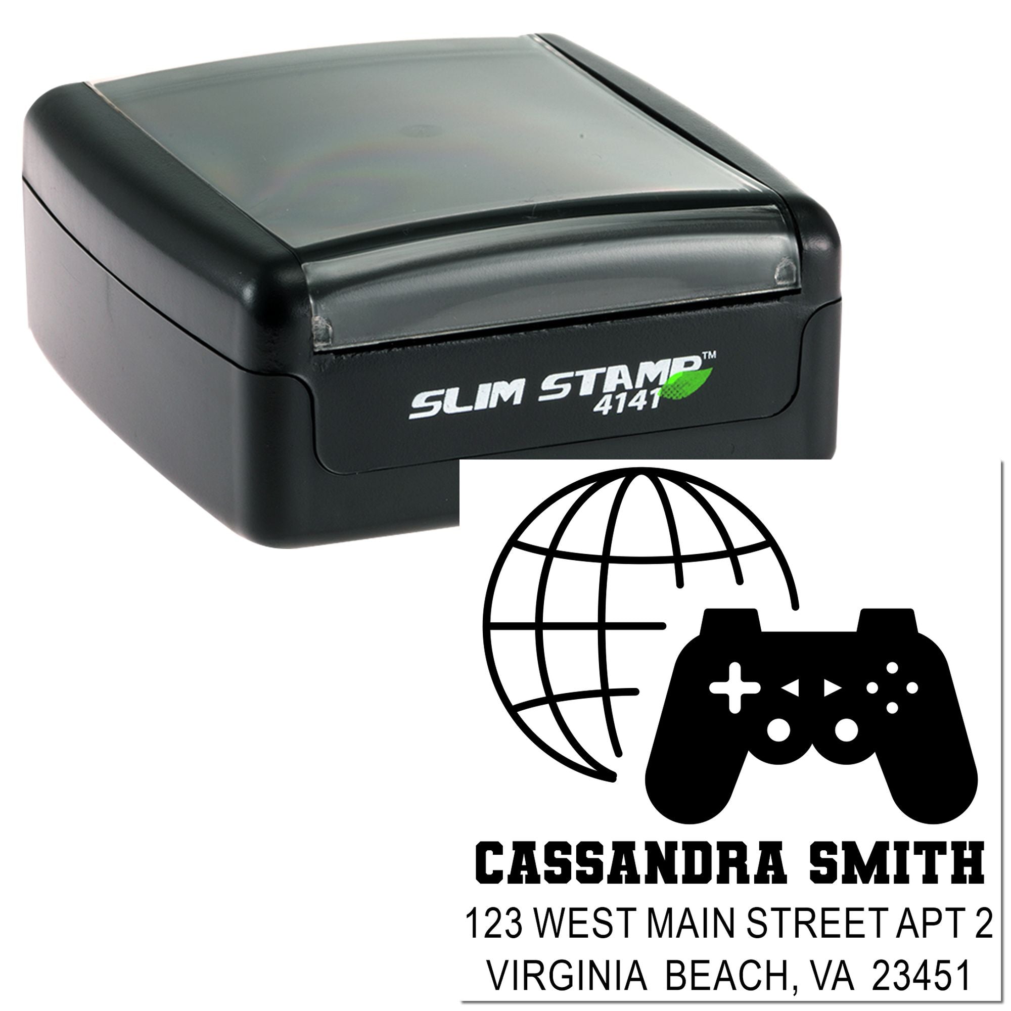 Custom self-inking rubber stamp with gamer globe logo and return address for Cassandra Smith, Virginia Beach, VA.