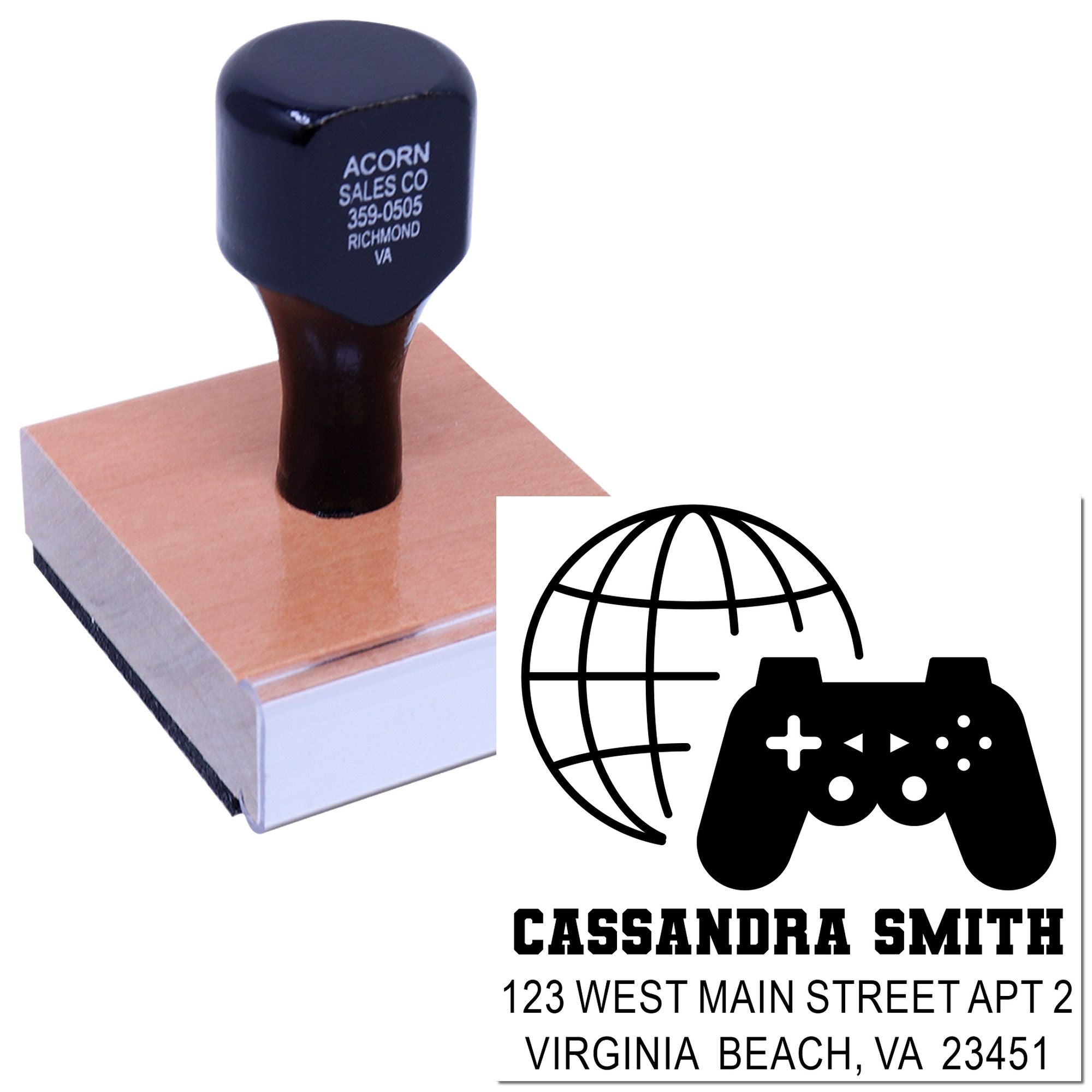 Custom gamer return address rubber stamp with globe and game controller logo, showing personalized address imprint.
