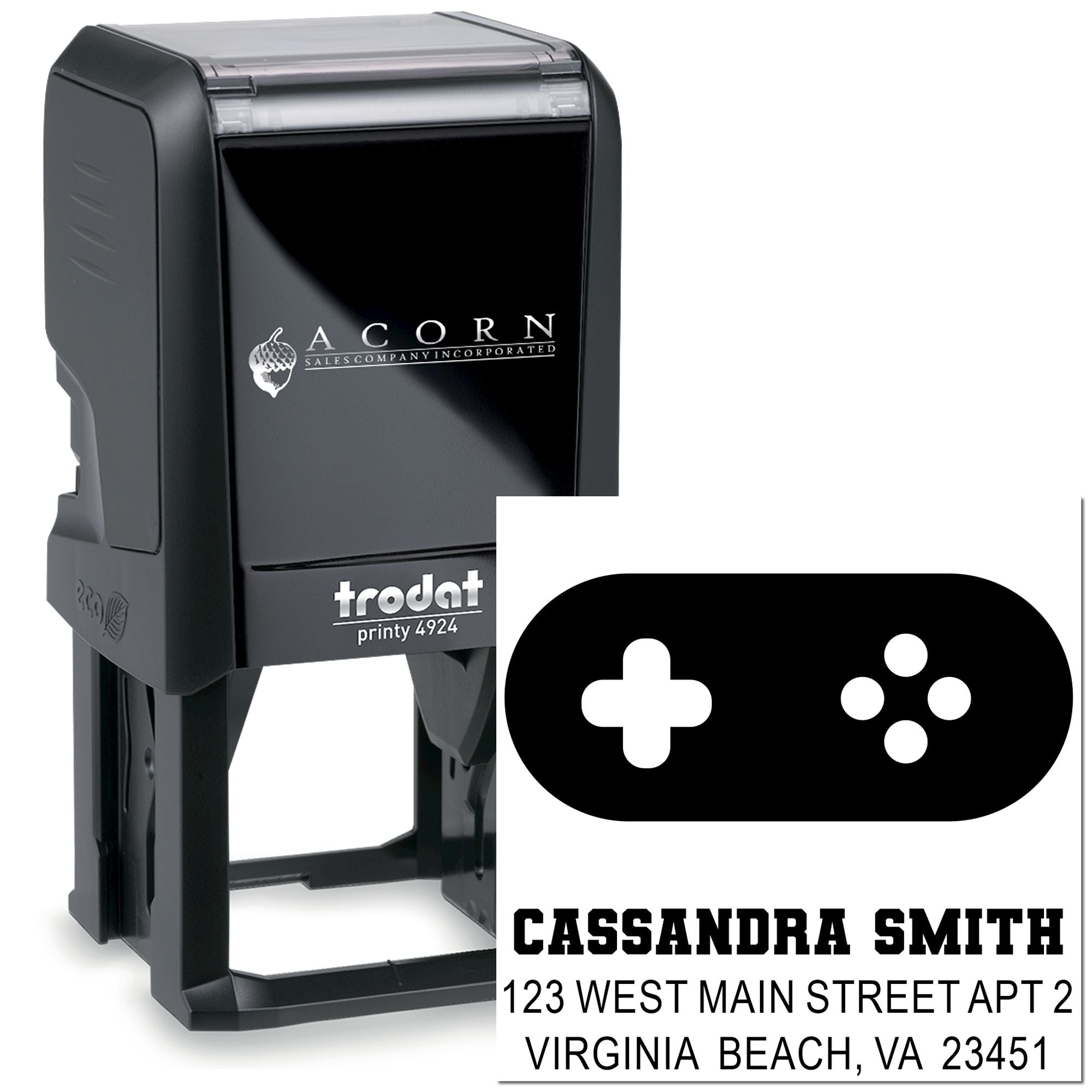 Custom Trodat self-inking address stamp with name and logo for business mailing and branding.
