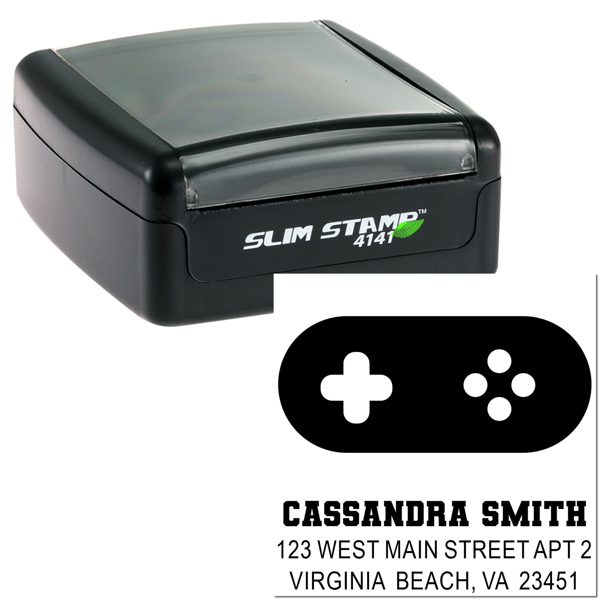 Custom self-inking rubber address stamp with slim stamp case and sample imprint for Cassandra Smith, Virginia Beach, VA.