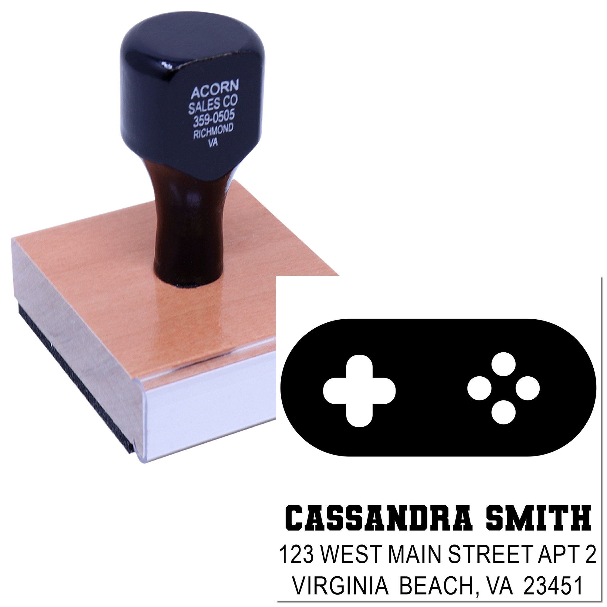 Custom address rubber stamp for business mail, showing name and Virginia Beach address imprint
