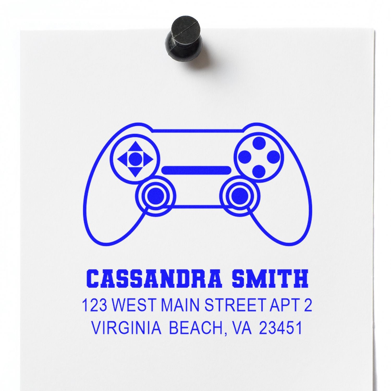 Custom gamer return address rubber stamp with video game controller design for personalized stationery.