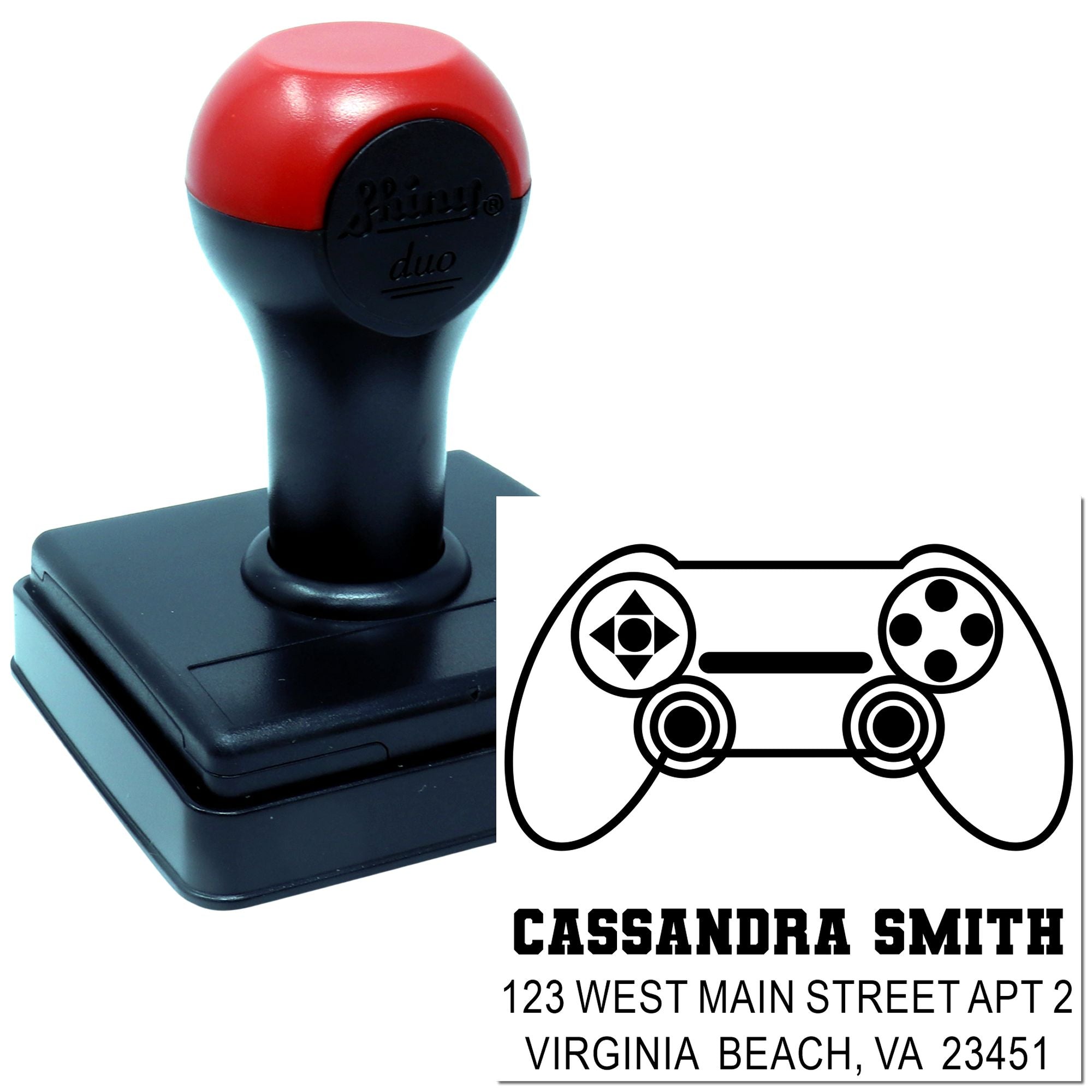 Custom address rubber stamp with gamer controller design, personalized return address, self-inking for mailings and packaging