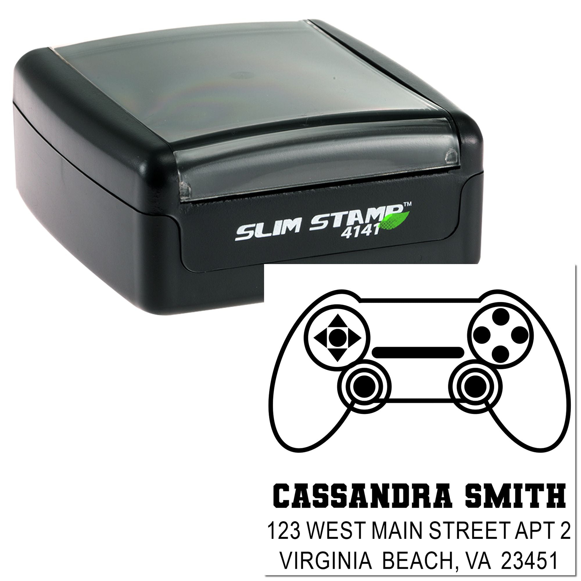 Custom self-inking rubber address stamp with game controller icon, name, and Virginia Beach mailing address.