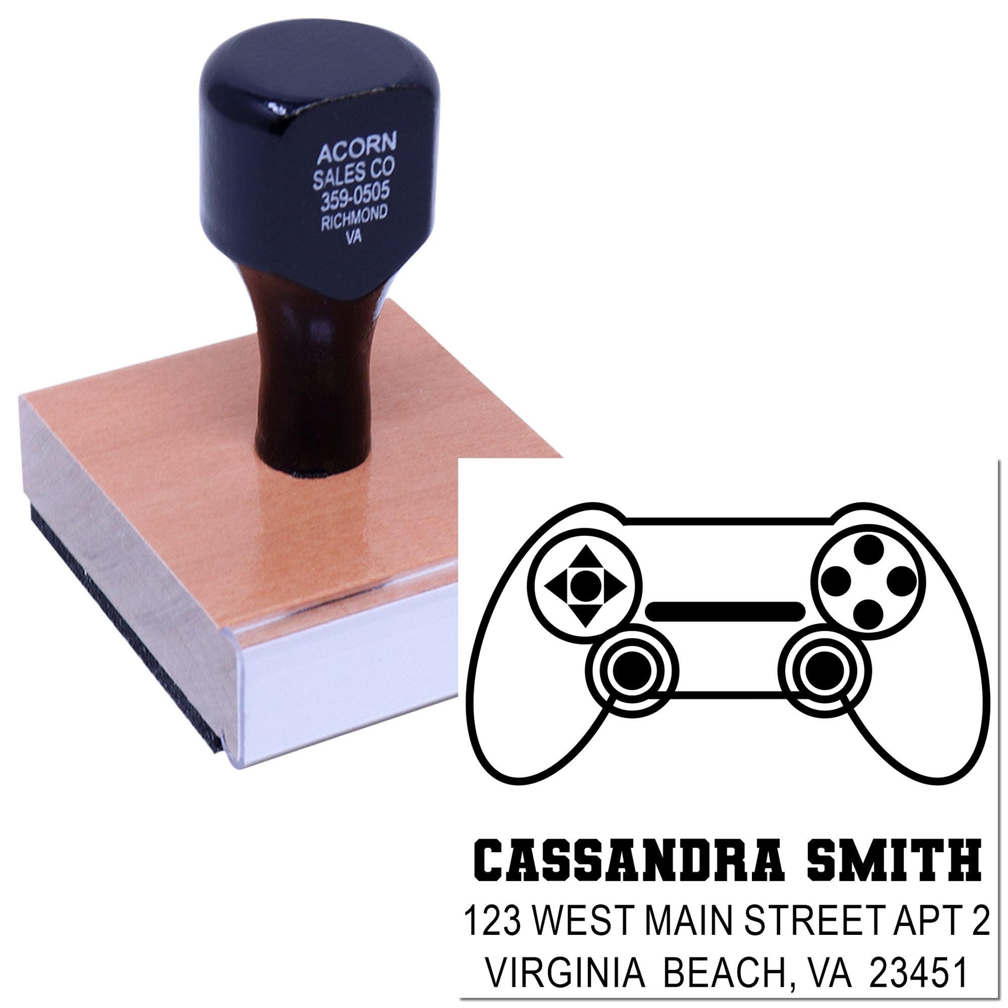 Custom rubber stamp with personalized name, address and logo for branding, mailing and office use.