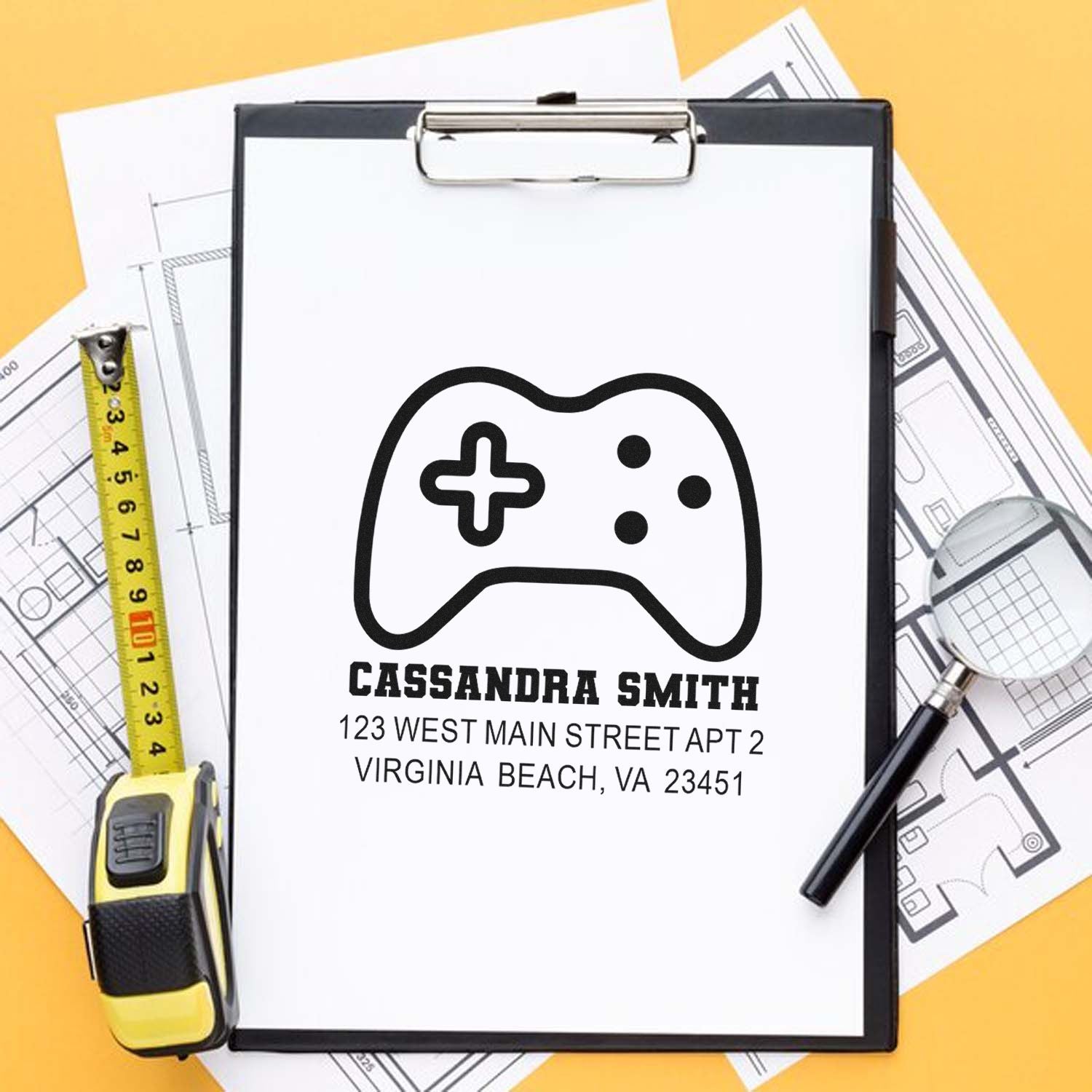 Personalized gamer return address rubber stamp with controller icon and address for custom mailing labels.