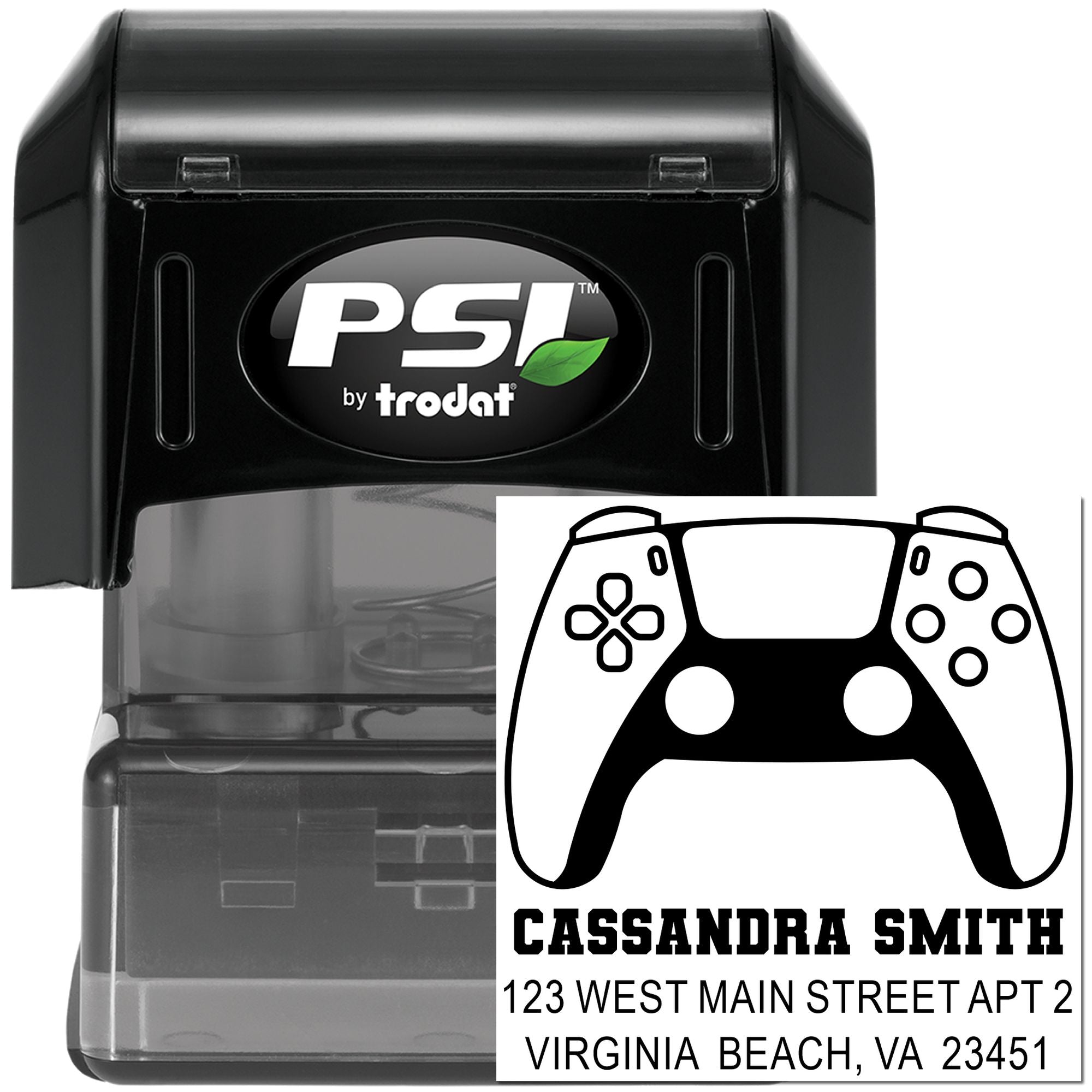 Custom self-inking return address rubber stamp with gamer controller design, PSI by Trodat, for Cassandra Smith in Virginia Beach.