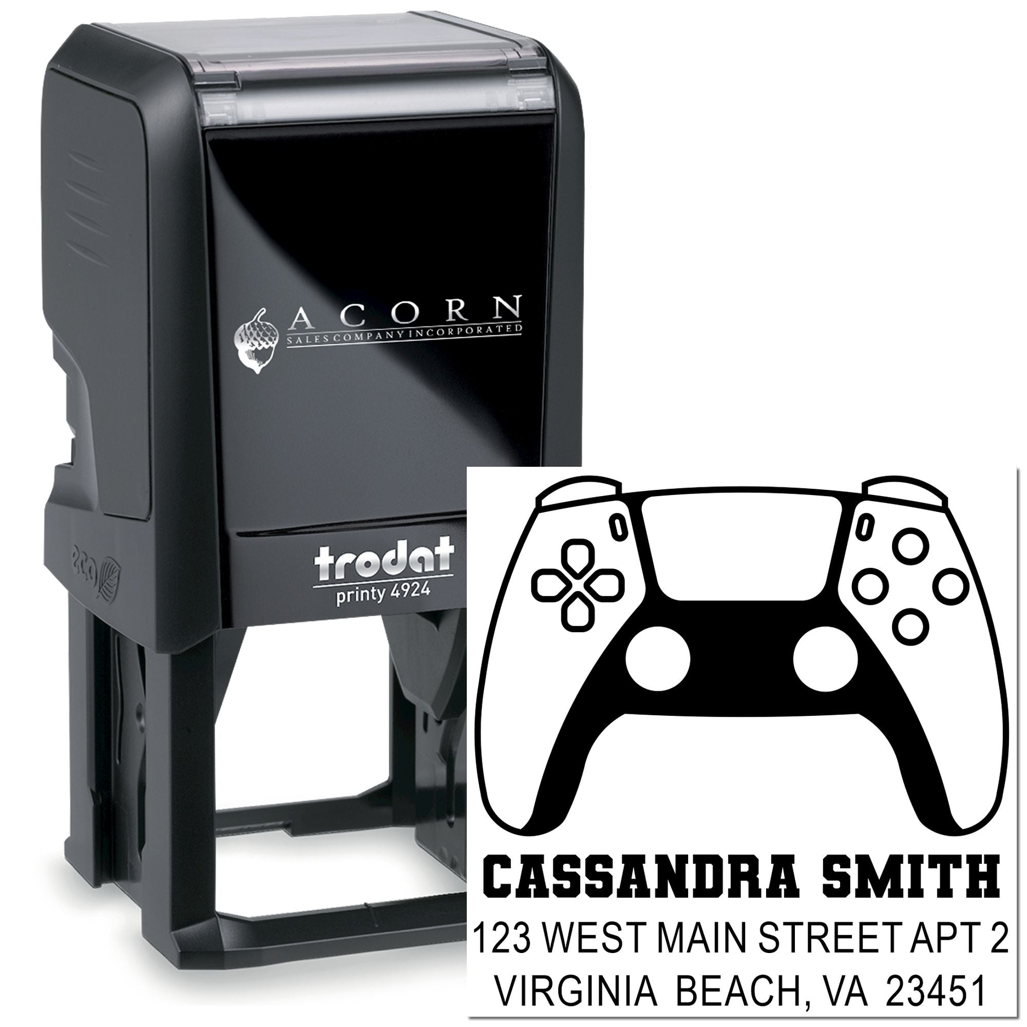 Trodat Printy 4924 custom self-inking rubber stamp with gamer controller return address design and personalized name/address.