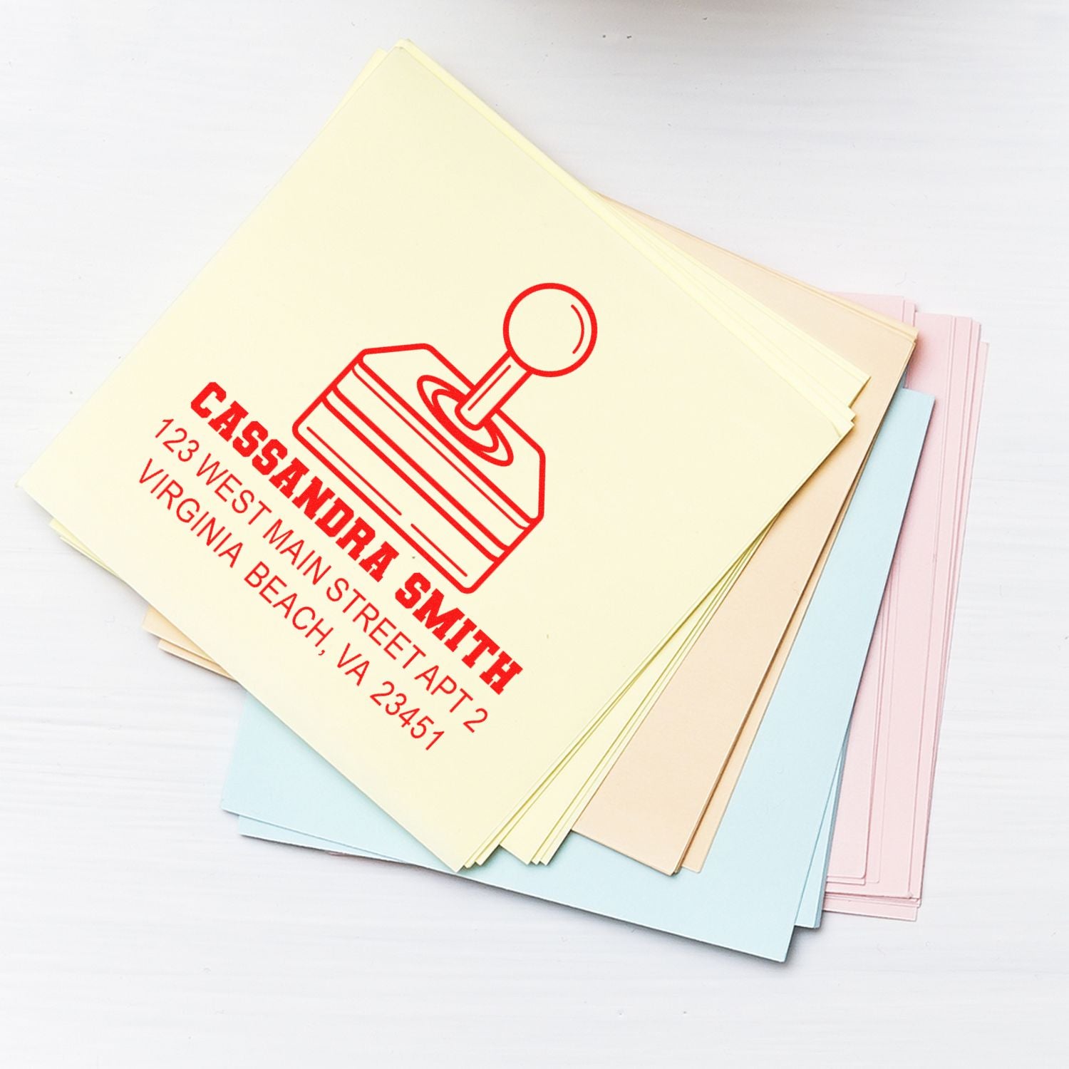 Custom rubber address stamp with name and Virginia Beach return address for envelopes, stationery, and mailing.