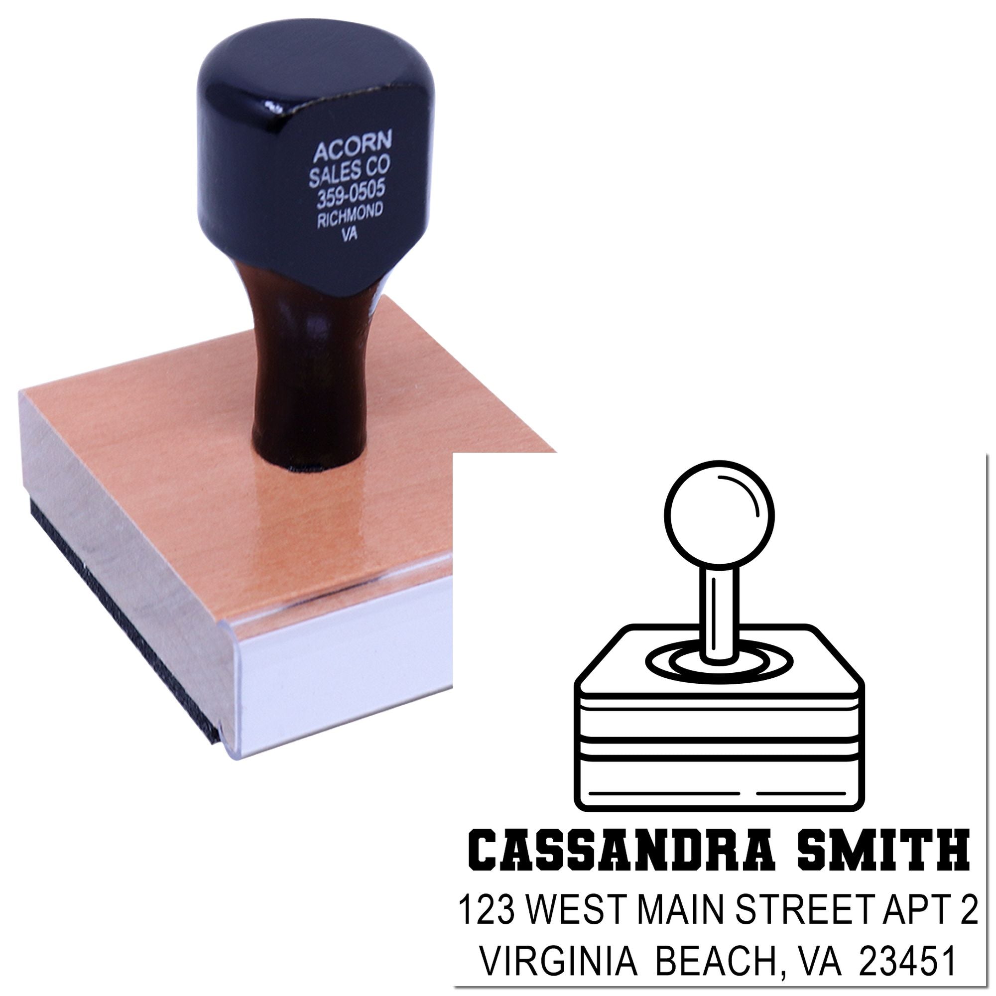 Custom self-inking return address rubber stamp with name, street address, and logo design preview